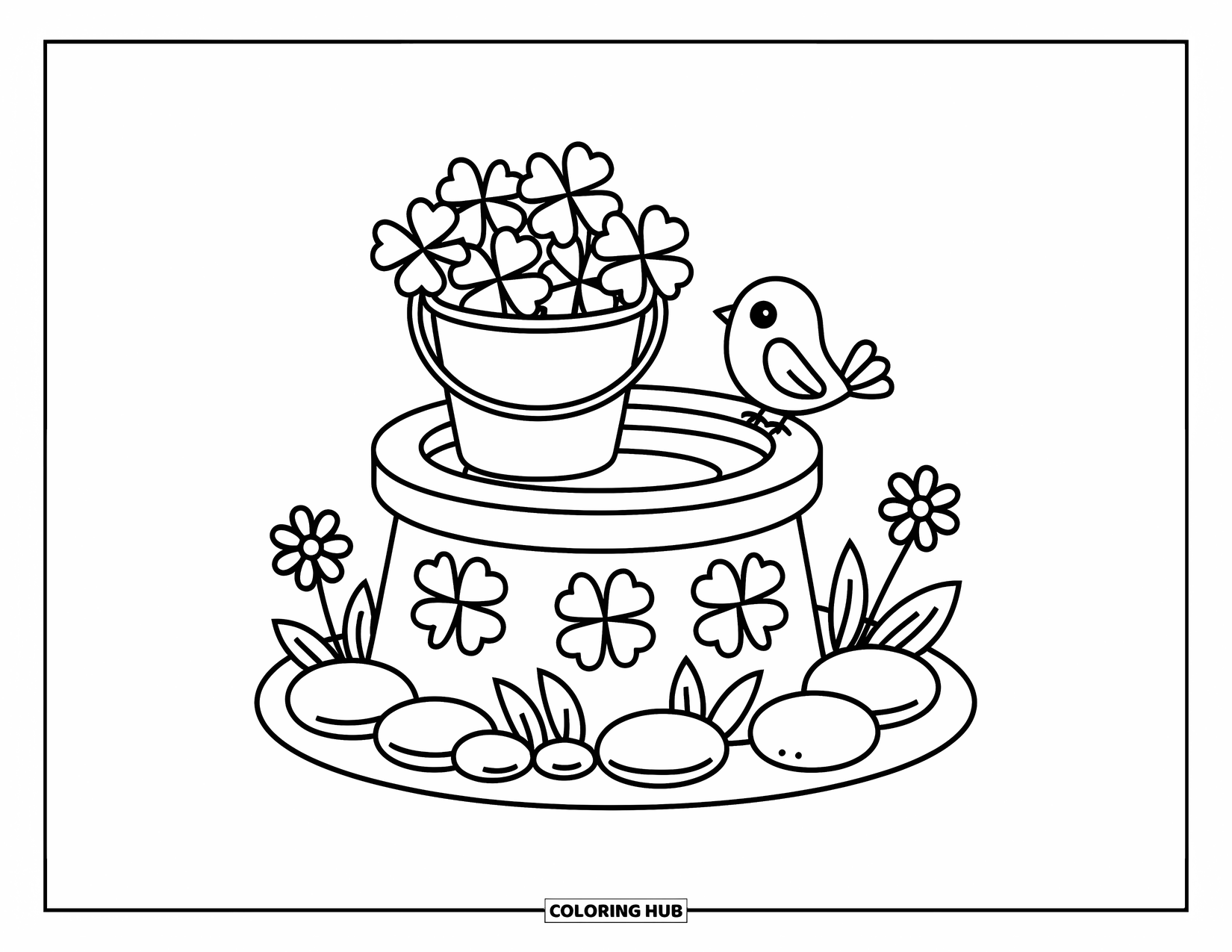 Klavertjevier Kleurplaat voor Volwassenen: Een put met klavers, bloemen en een vogel die op de rand zit