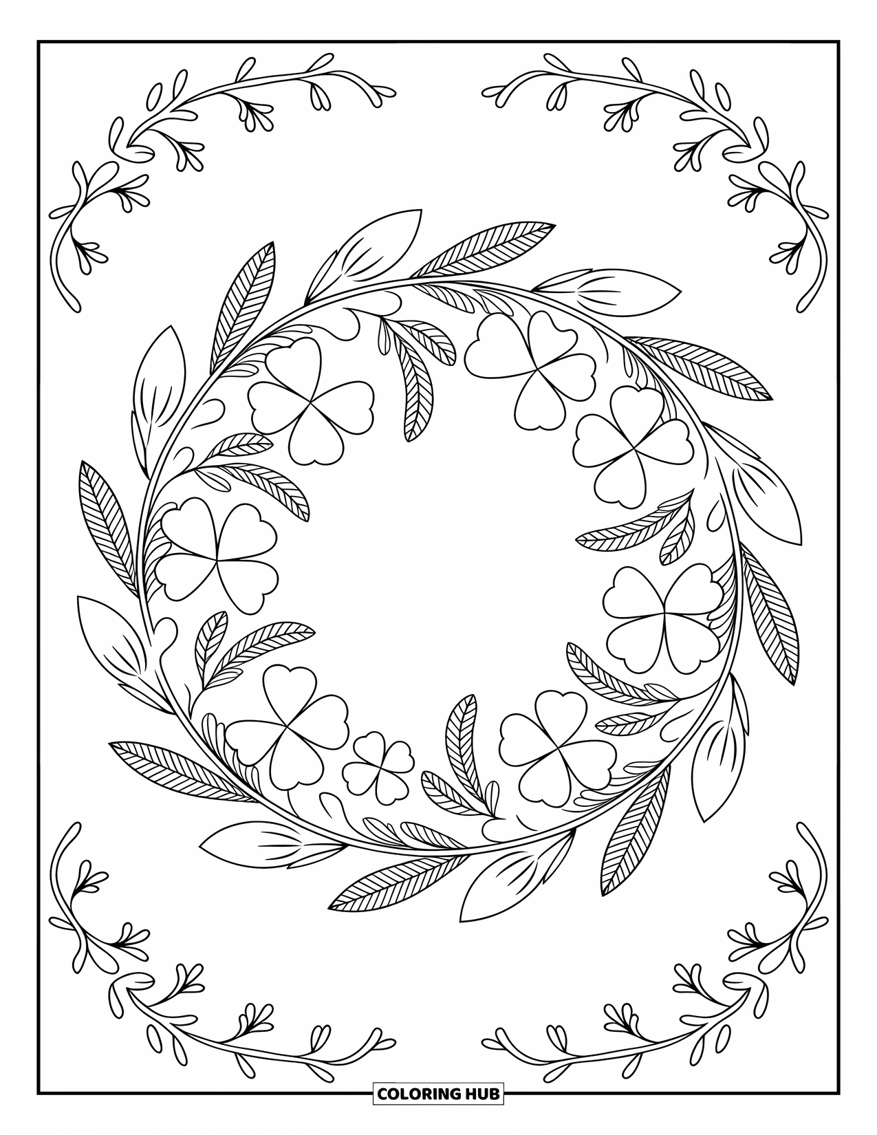 Klavertjevier Kleurplaat voor Volwassenen: Een krans van klavers en bloemen met delicate wijnranken