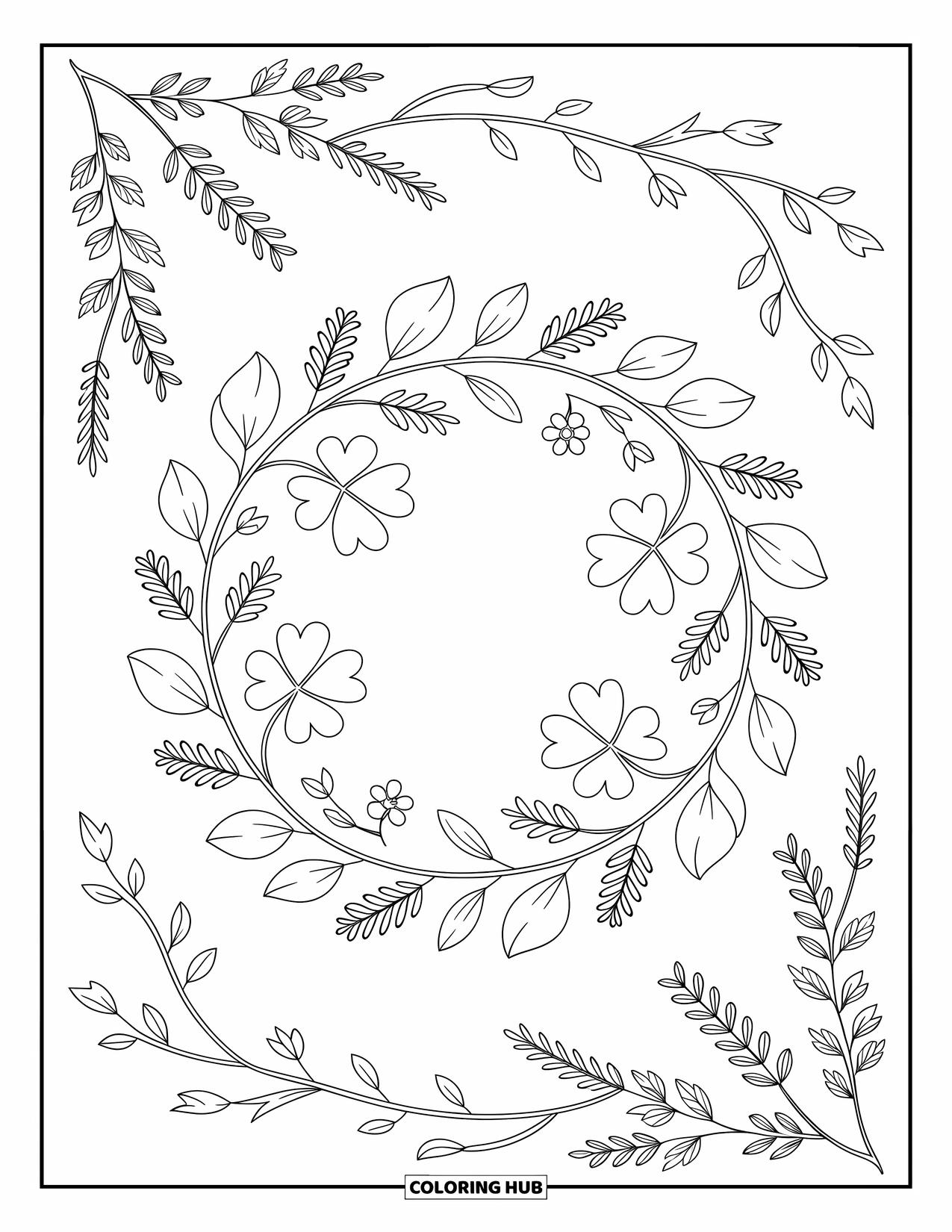 Klavertjevier Kleurplaat voor Volwassenen: Een krans van klavers, bladeren en wilde bloemen met wervelende wijnranken