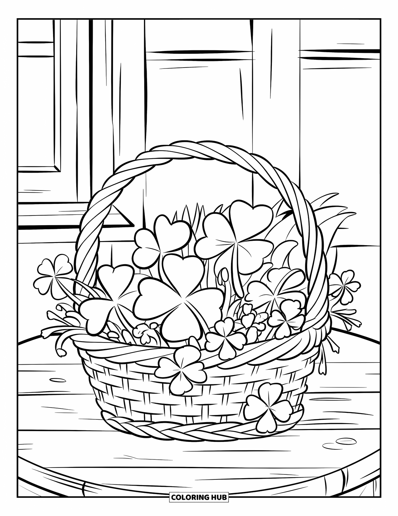 Klavertjevier Kleurplaat voor Kinderen: Een mand met klavers en bloemen op een houten tafel