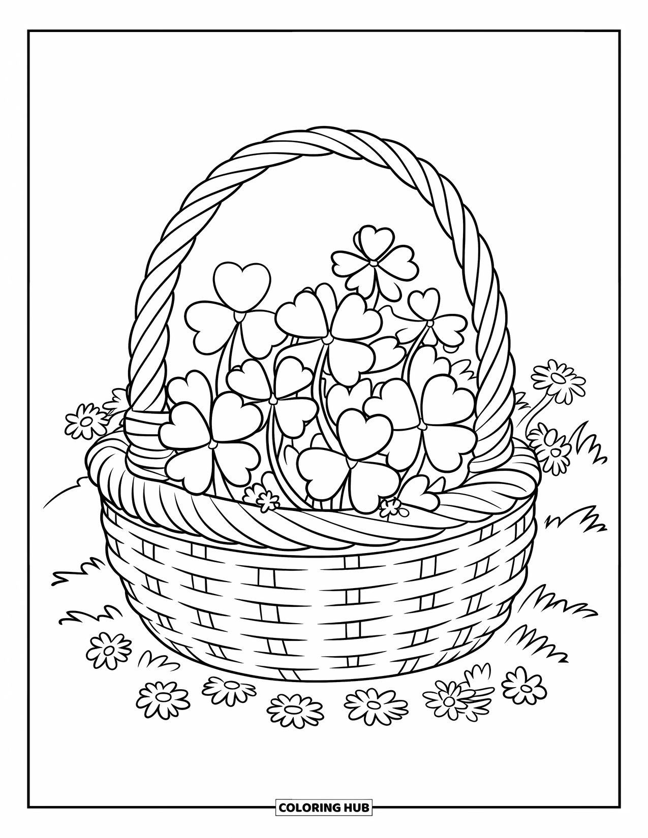 Klavertjevier Kleurplaat voor Kinderen: Een mand met klavers en kleine bloemen op de grond