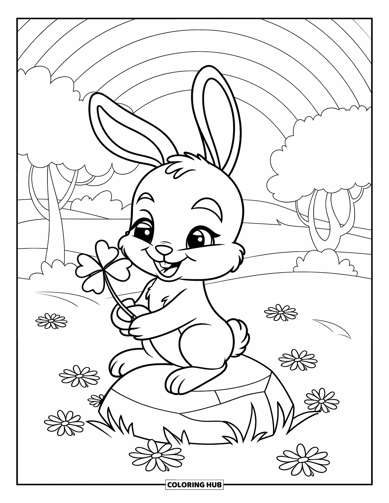 Klavertjevier Kleurplaat voor Kinderen: Een konijntje met een klaver op een rots en een regenboog