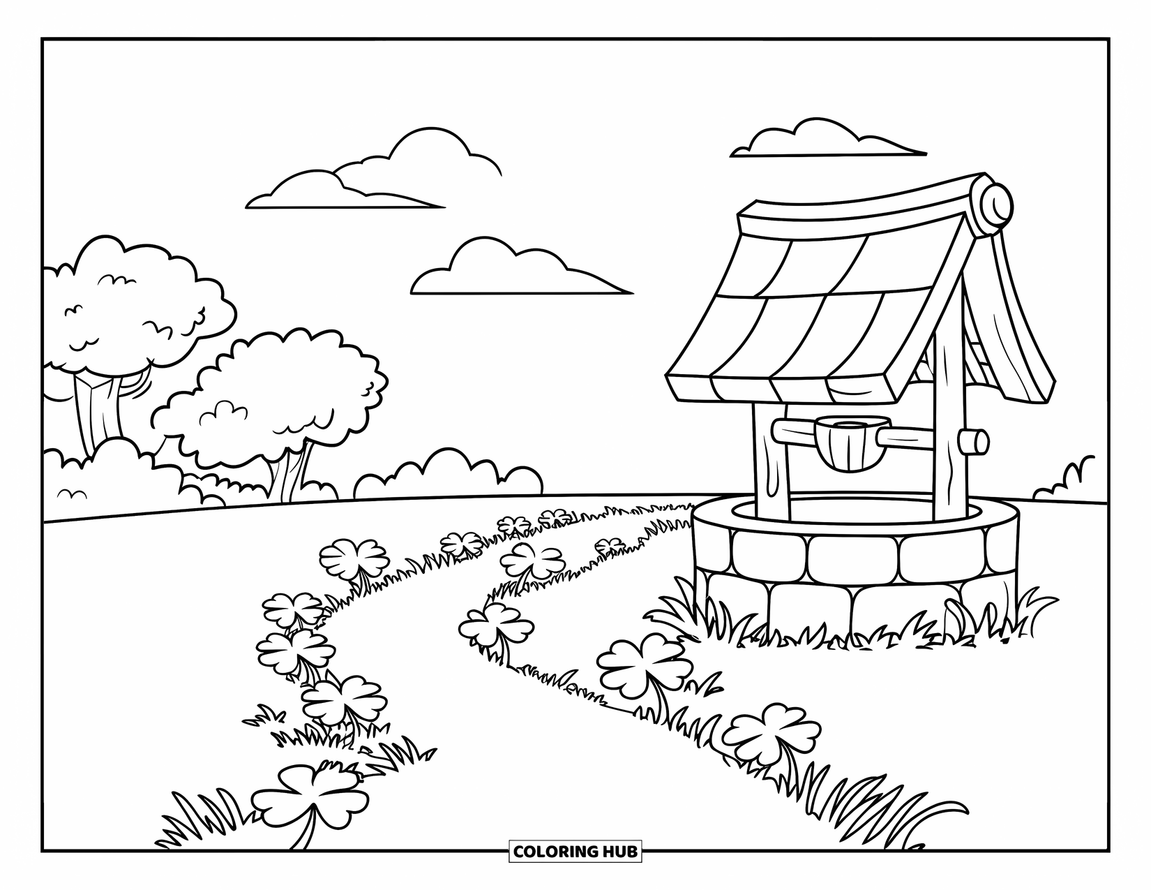 Klavertjevier Kleurplaat voor Kinderen: Een klaverpad naar een put met bomen en wolken
