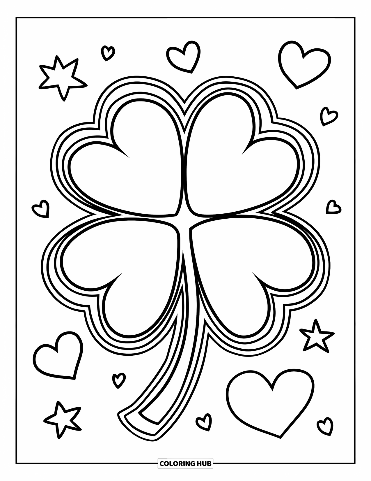 Klavertjevier Kleurplaat voor Kinderen: Een klaver met dikke lijnen en harten en sterren eromheen