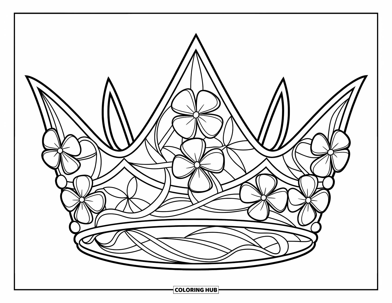Klavertjevier Kleurplaat voor Kinderen: Een kroon van klavers en bloemen met een gedurfd, modern ontwerp