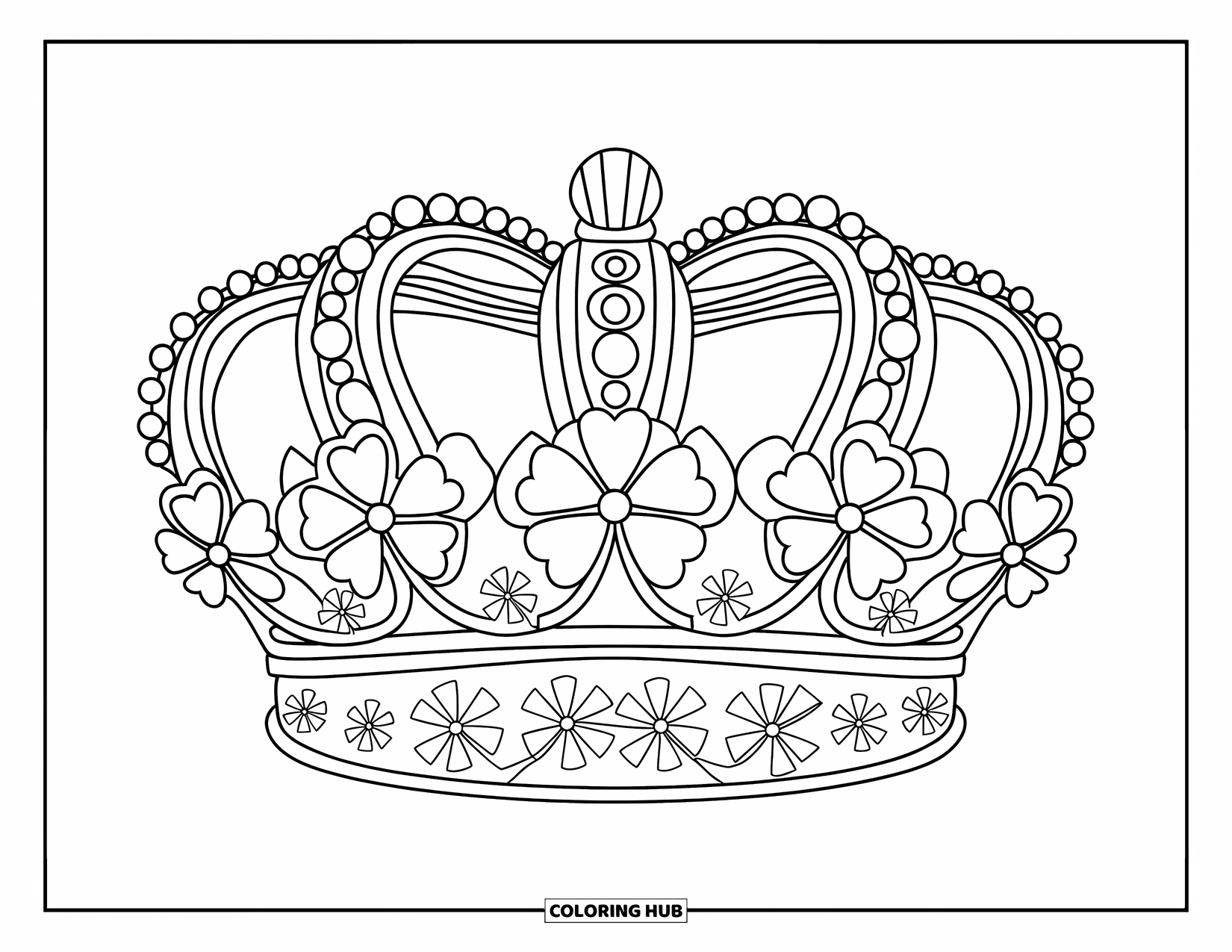 Klavertjevier Kleurplaat voor Kinderen: Een kroon van klavers en bloemen met dikke lijnen