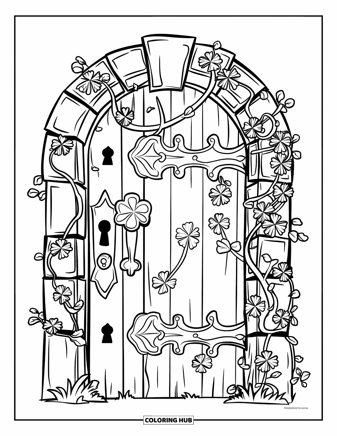 Klavertjevier Kleurplaat voor Kinderen: Een deur met wijnranken, klavers en een stenen boog