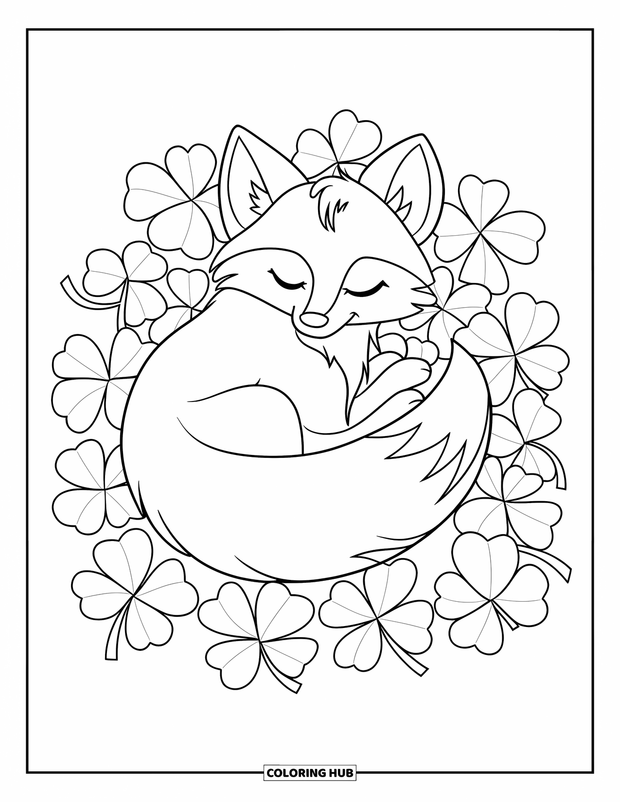 Klavertjevier Kleurplaat voor Kinderen: Een vos opgerold in een bed van klavertjesvier