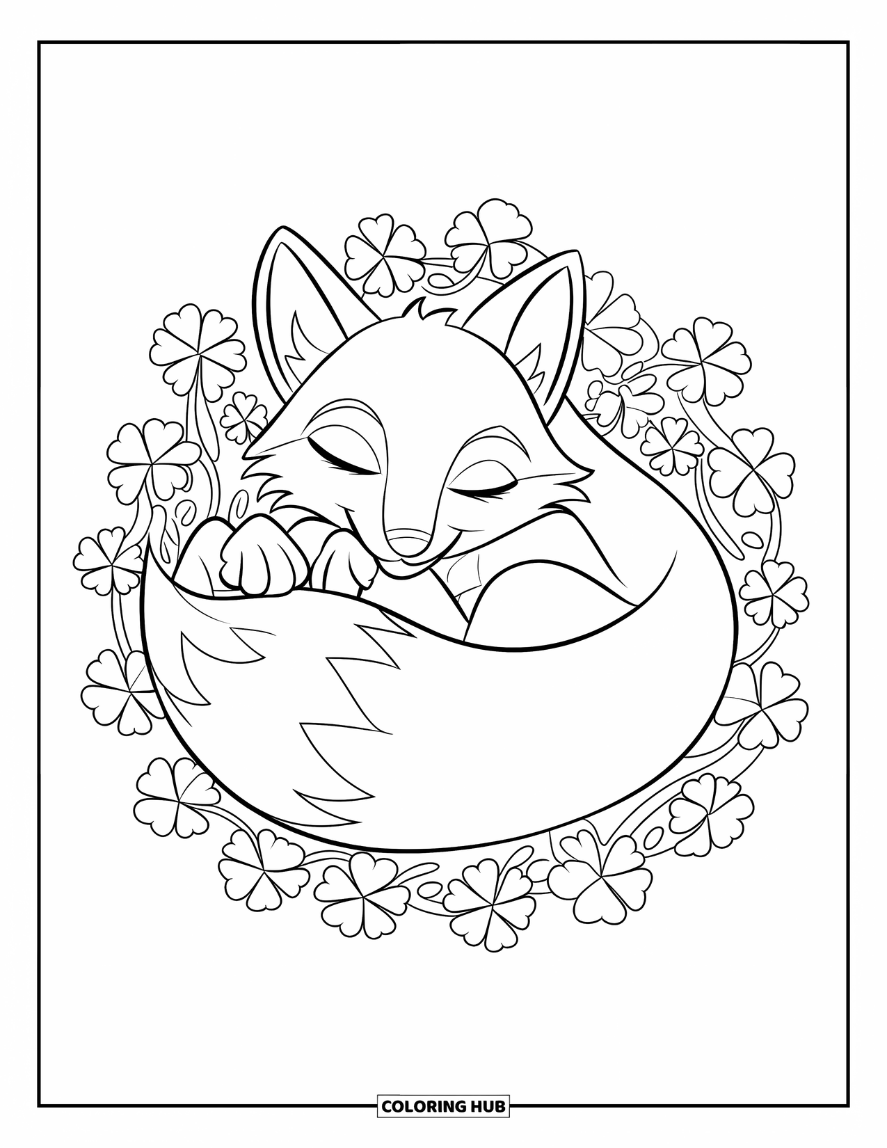 Klavertjevier Kleurplaat voor Kinderen: Een vos genesteld in klavers met dikke lijnen
