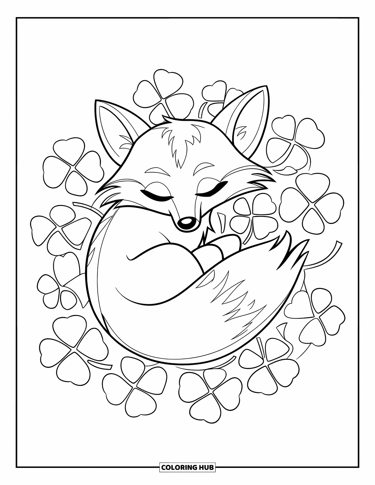Klavertjevier Kleurplaat voor Kinderen: Een vos die slaapt in een bed van klavers