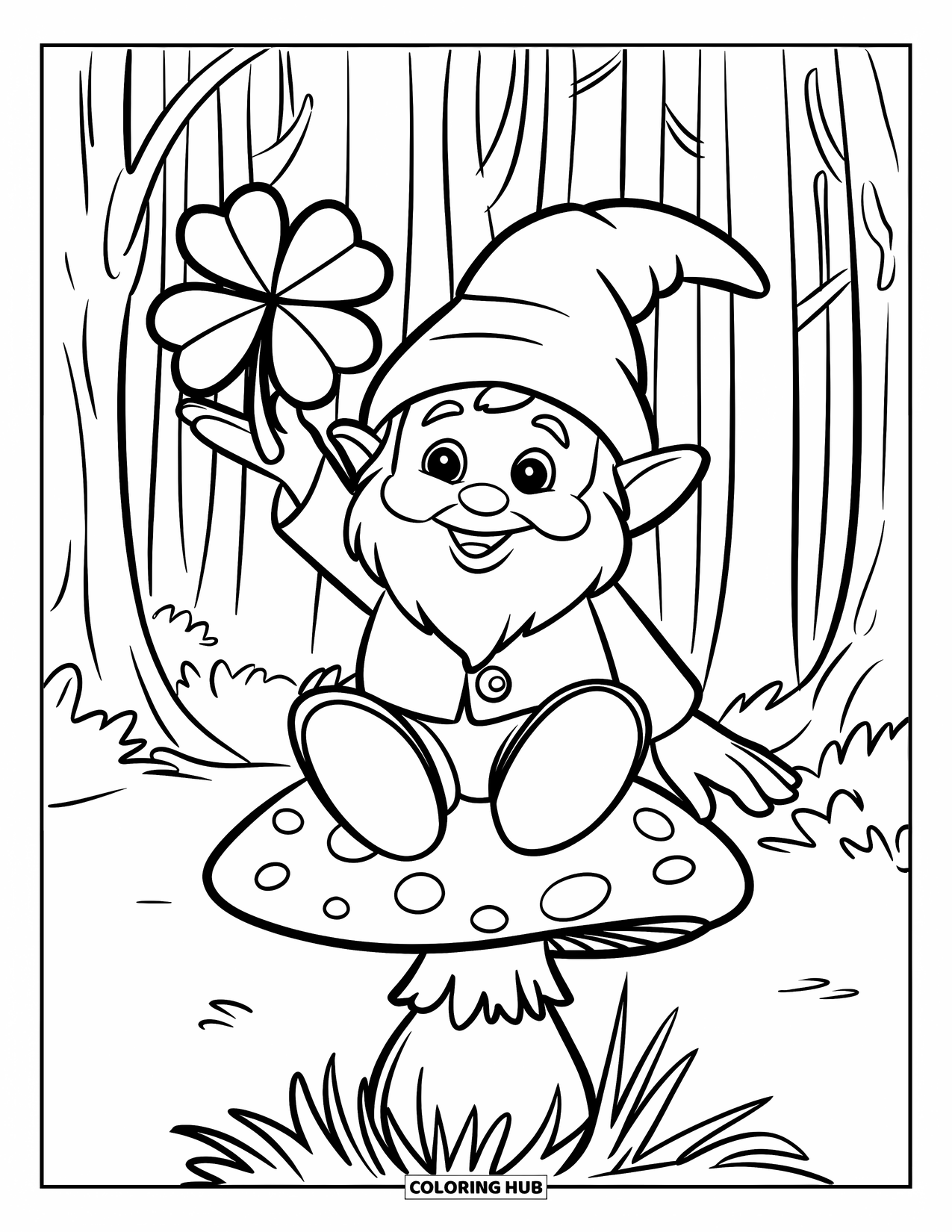 Klavertjevier Kleurplaat voor Kinderen: Een kabouter op een paddenstoel in een bos met hoge bomen