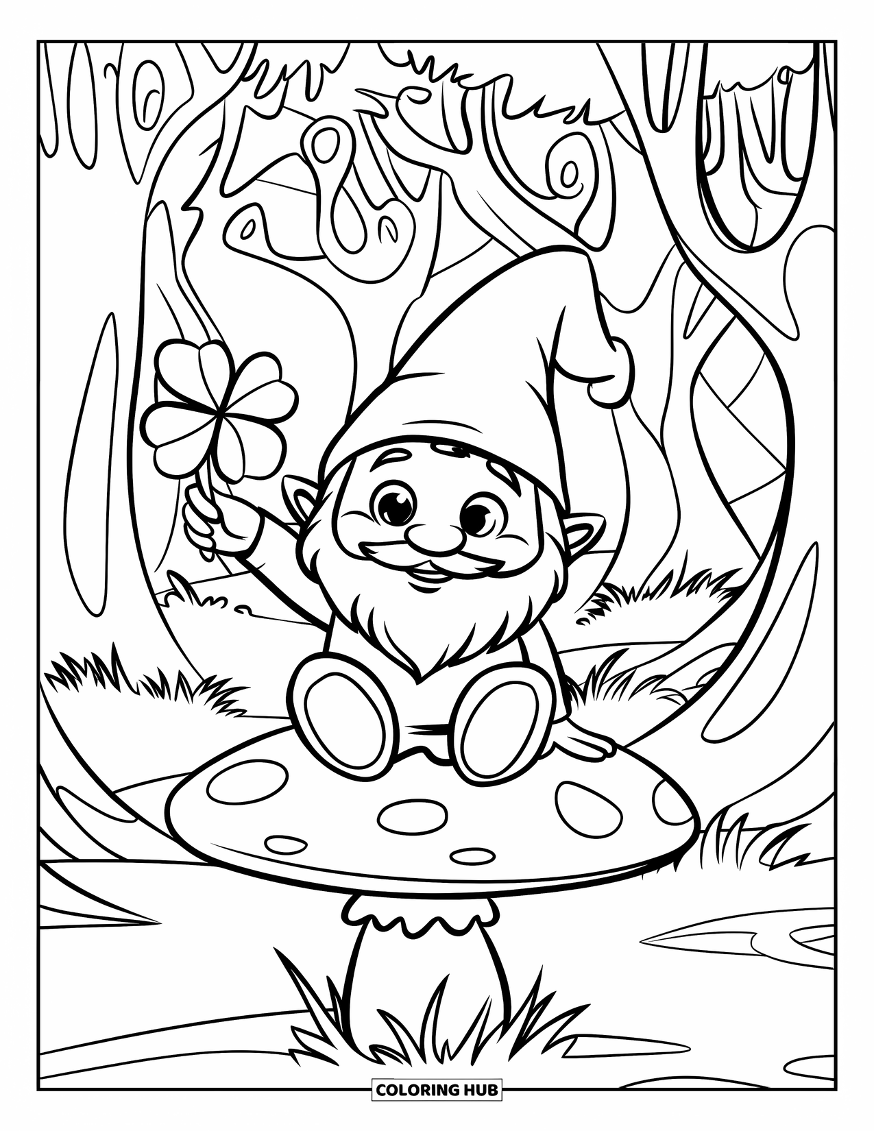 Klavertjevier Kleurplaat voor Kinderen: Een kabouter met een klaver en spiraalvormige bomen eromheen