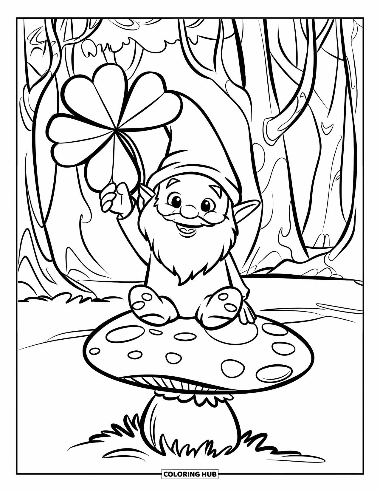 Klavertjevier Kleurplaat voor Kinderen: Een kabouter met een klaver op een paddenstoel in een bos