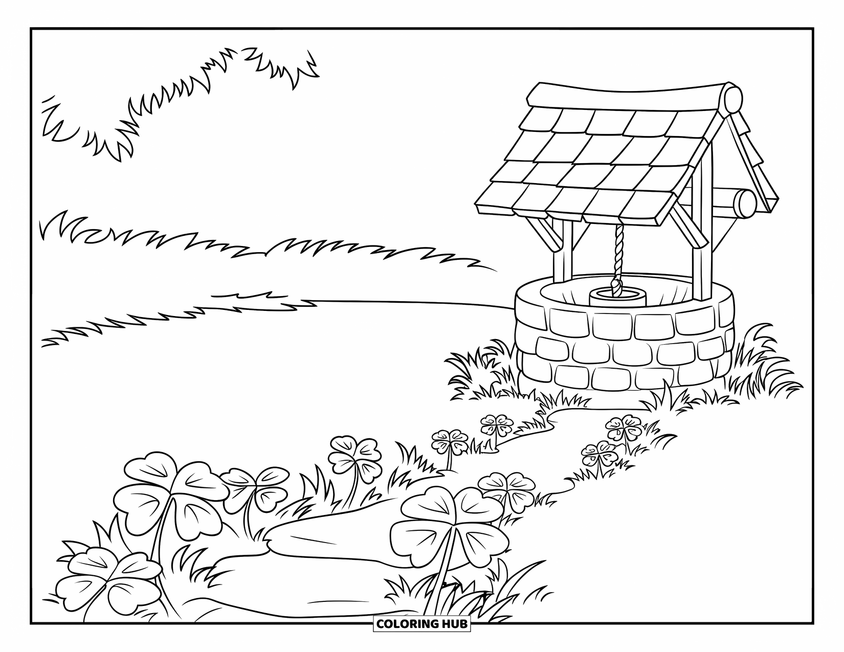 Klavertjevier Kleurplaat voor Kinderen: Een pad van klavers dat leidt naar een eenvoudige wensput