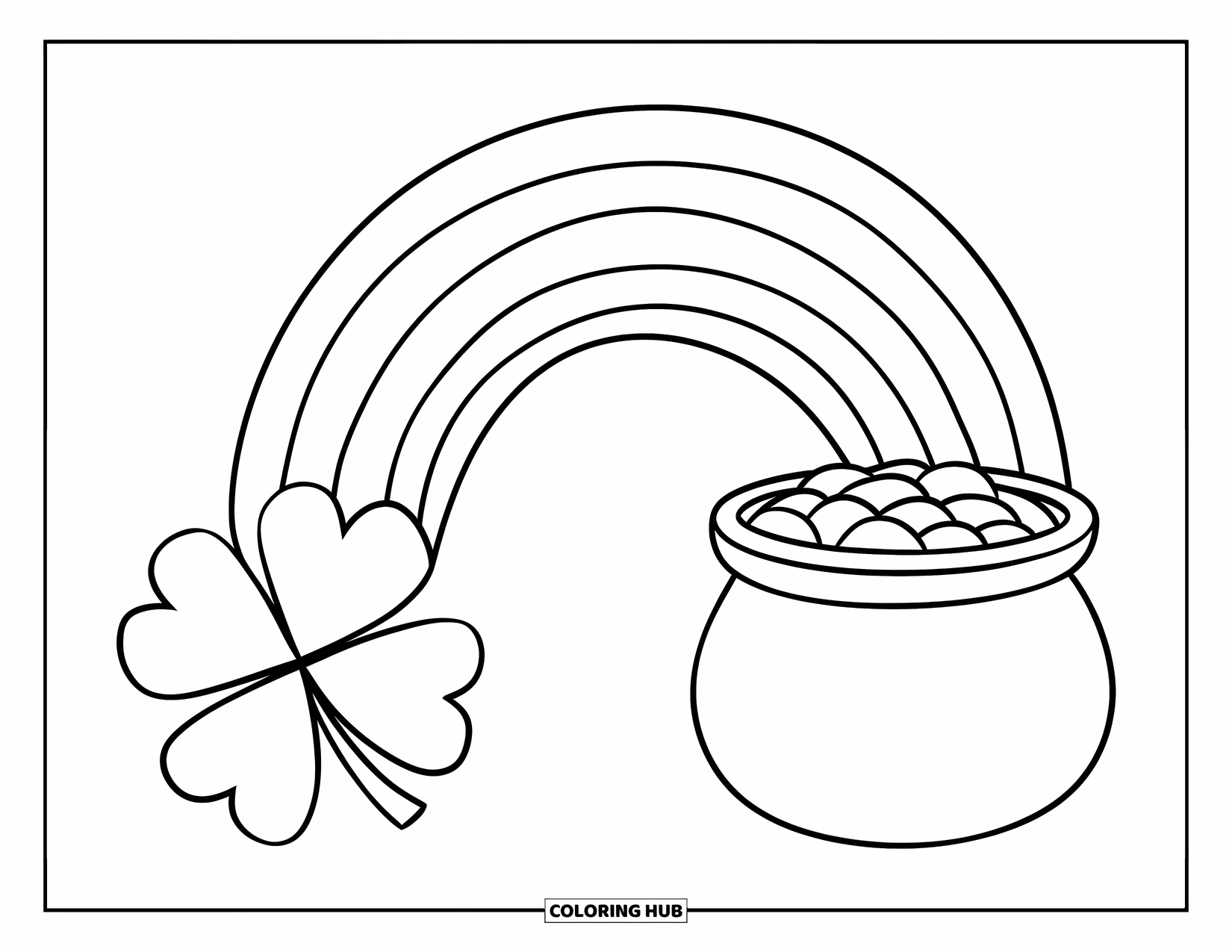 Klavertjevier Kleurplaat voor Kinderen: Een regenboog met een pot met goud en een klaver