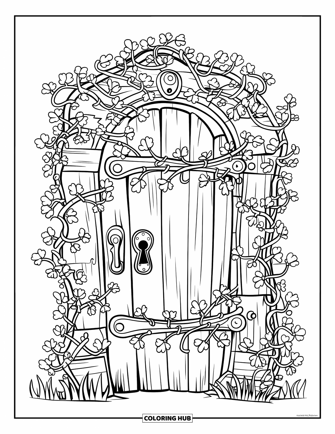 Klavertjevier Kleurplaat voor Kinderen: Een rustieke houten deur met wijnranken en ronde sleutelgaten
