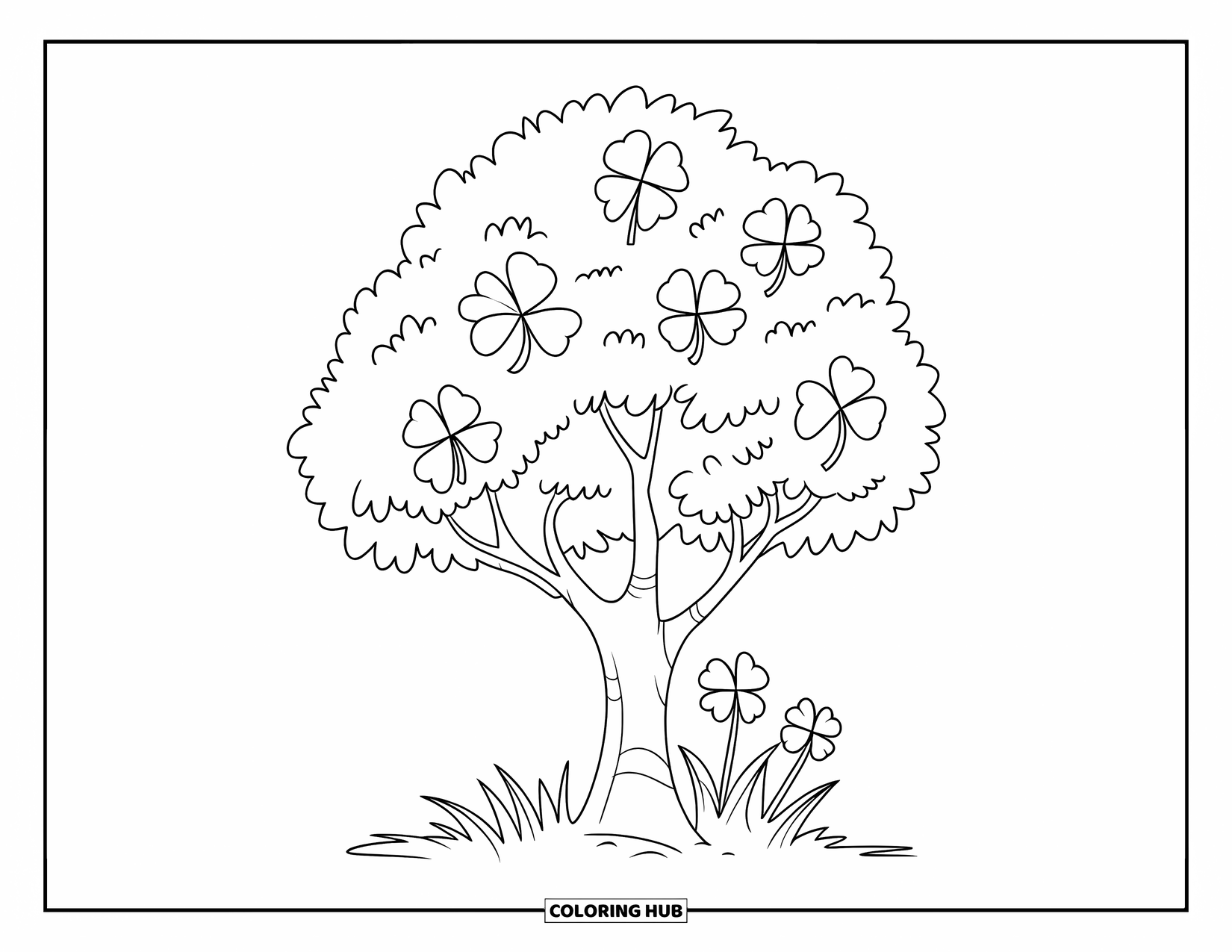 Klavertjevier Kleurplaat voor Kinderen: Een boom met klavers en bloemen eromheen