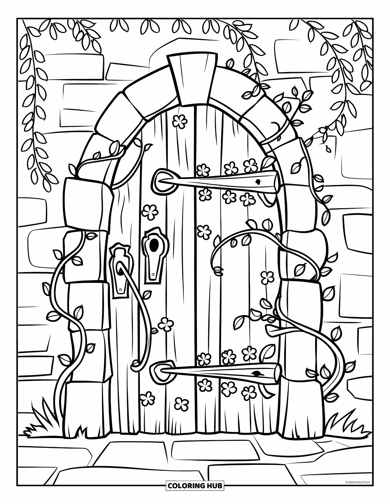 Klavertjevier Kleurplaat voor Kinderen: Een houten deur met wijnranken en klavers tegen een stenen muur