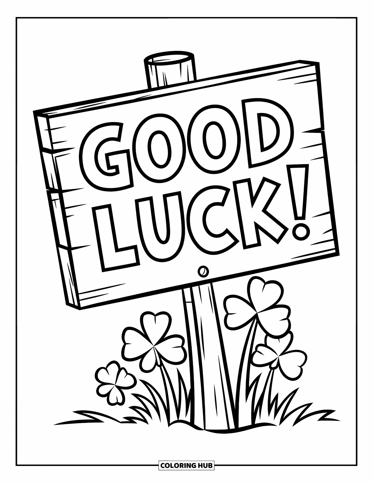 Klavertjevier Kleurplaat voor Kinderen: Een houten bord met "Good Luck!" en klavers