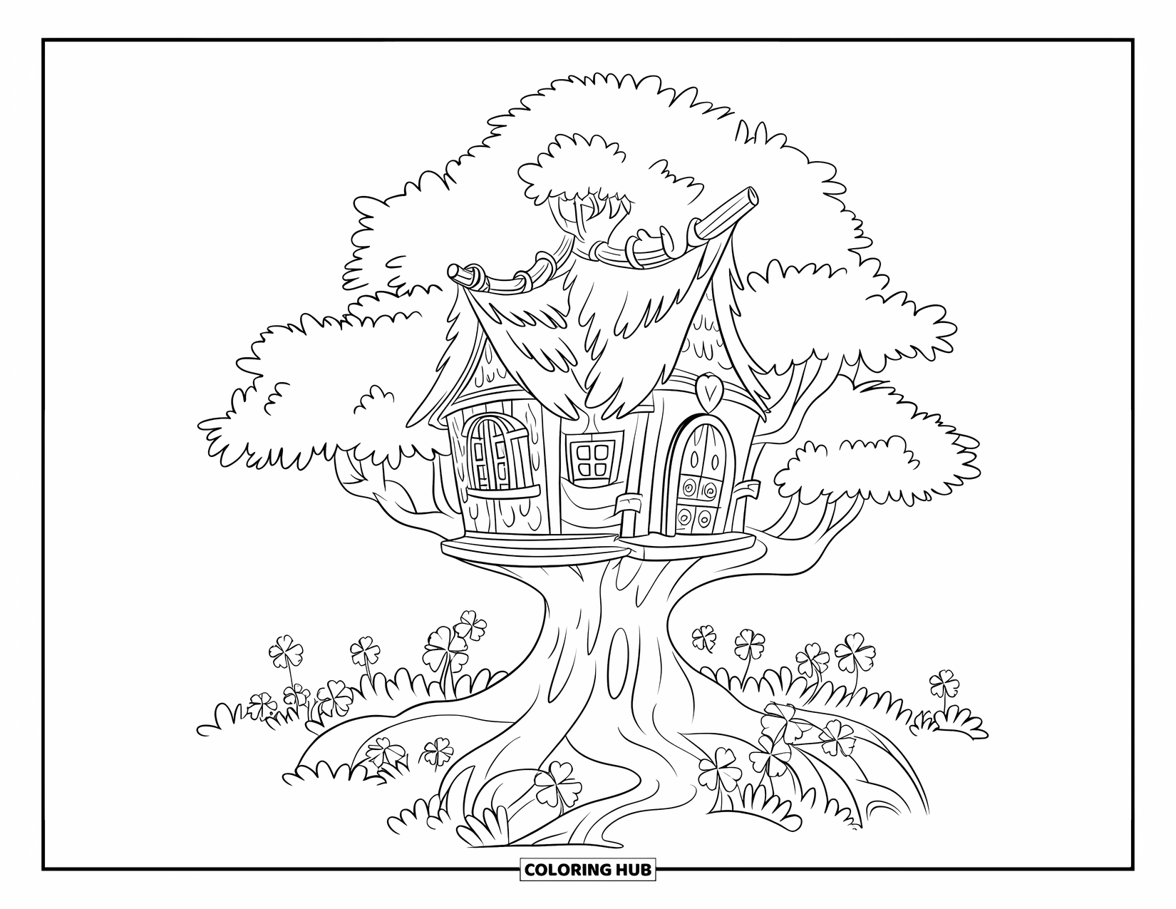 Klavertjevier Kleurplaat voor Kinderen: Een houten boomhut met klavers en een rieten dak