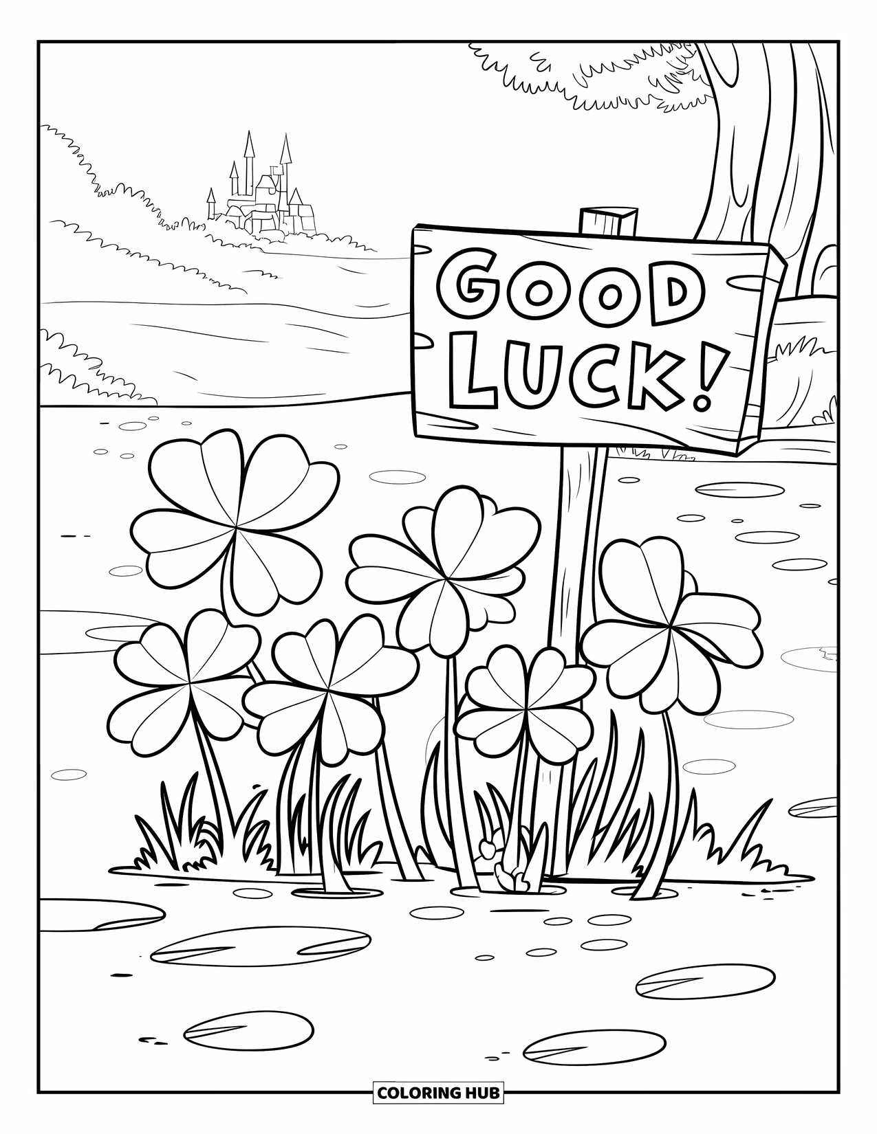 Klavertjevier Kleurplaat voor Kinderen: Klavers en een "Good Luck!" bord in de buurt van een boom en kasteel
