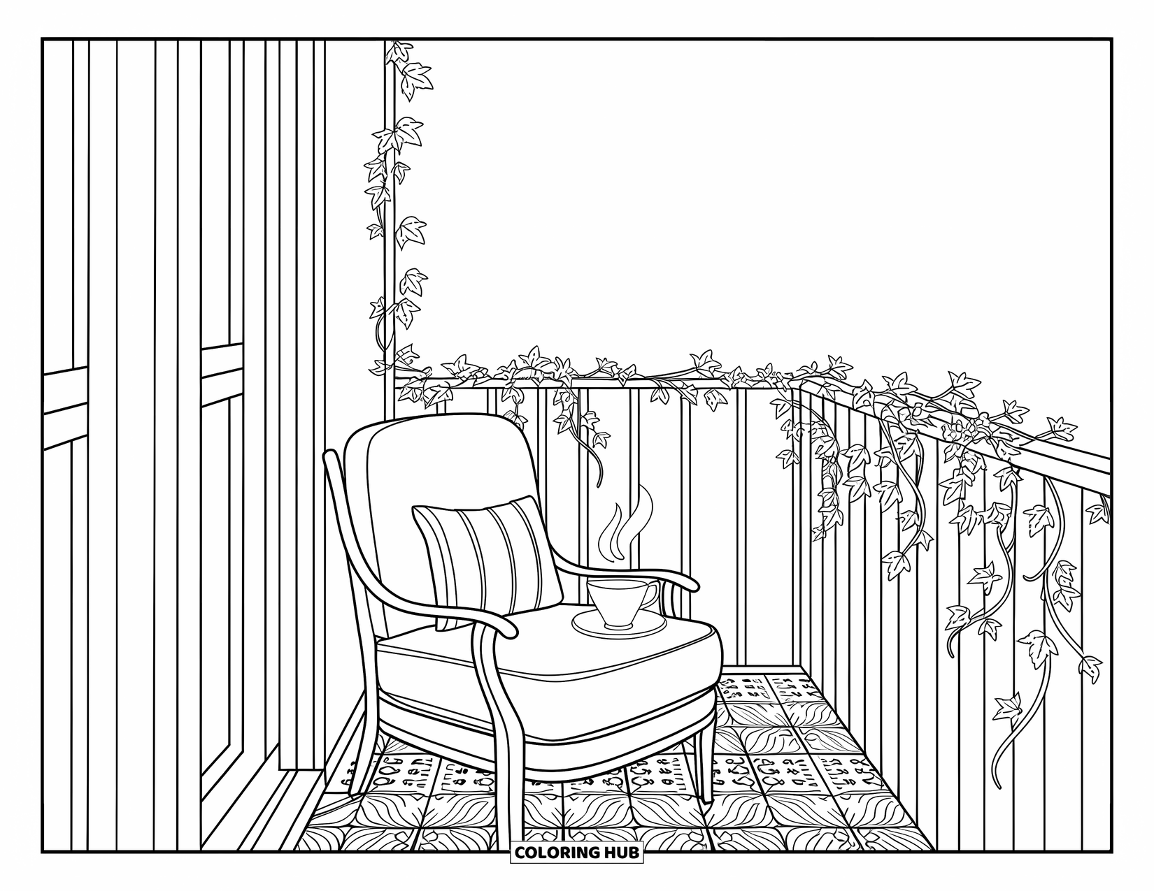 Desen de colorat cu grădină pentru adulți: Un refugiu fermecător pe balcon, cu balustrade acoperite cu iederă și detalii artistice