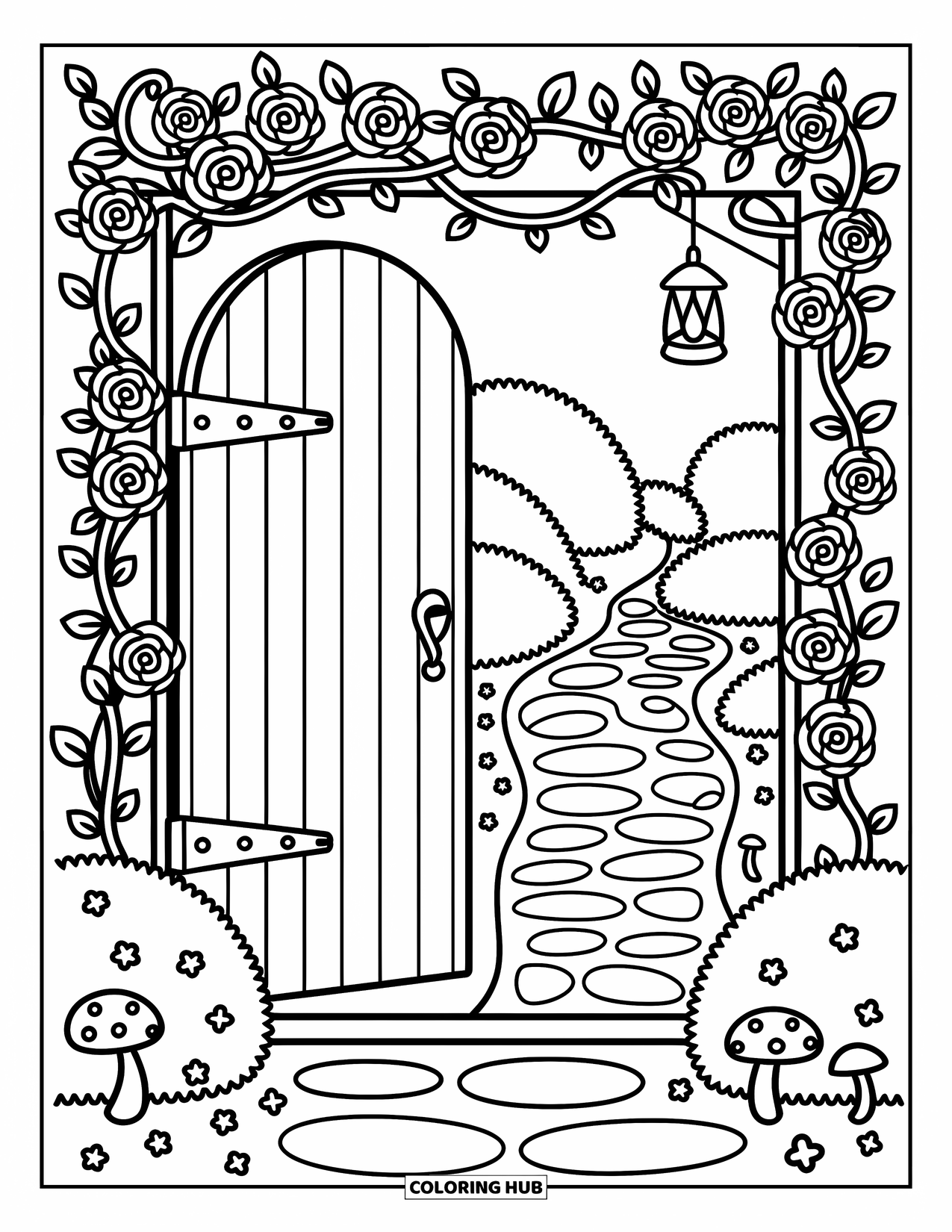 Desen de colorat cu grădină pentru adulți: O poartă de grădină fermecătoare cu trandafiri înfloriți și un felinar mic atârnat în apropiere