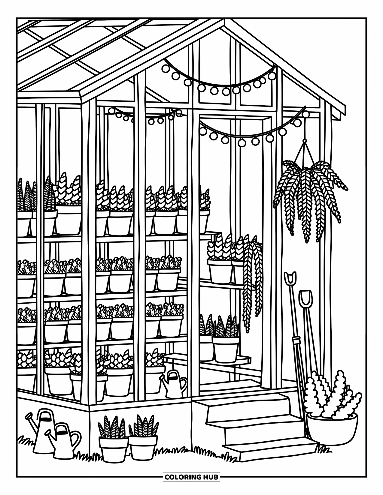 Desen de colorat cu grădină pentru adulți: O seră fermecătoare plină cu plante cu frunze, cu o stropitoare afară