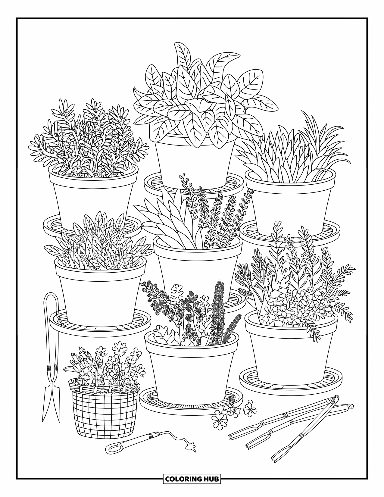 Desen de colorat cu grădină pentru adulți: O scenă fermecătoare cu o grădină de ierburi aromatice, cu caligrafie delicată și borduri florale