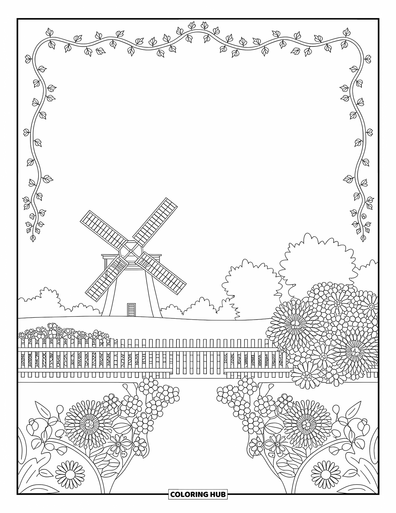Desen de colorat cu grădină pentru adulți: O grădină rustică fermecătoare, cu un gard de lemn și accente florale complicate