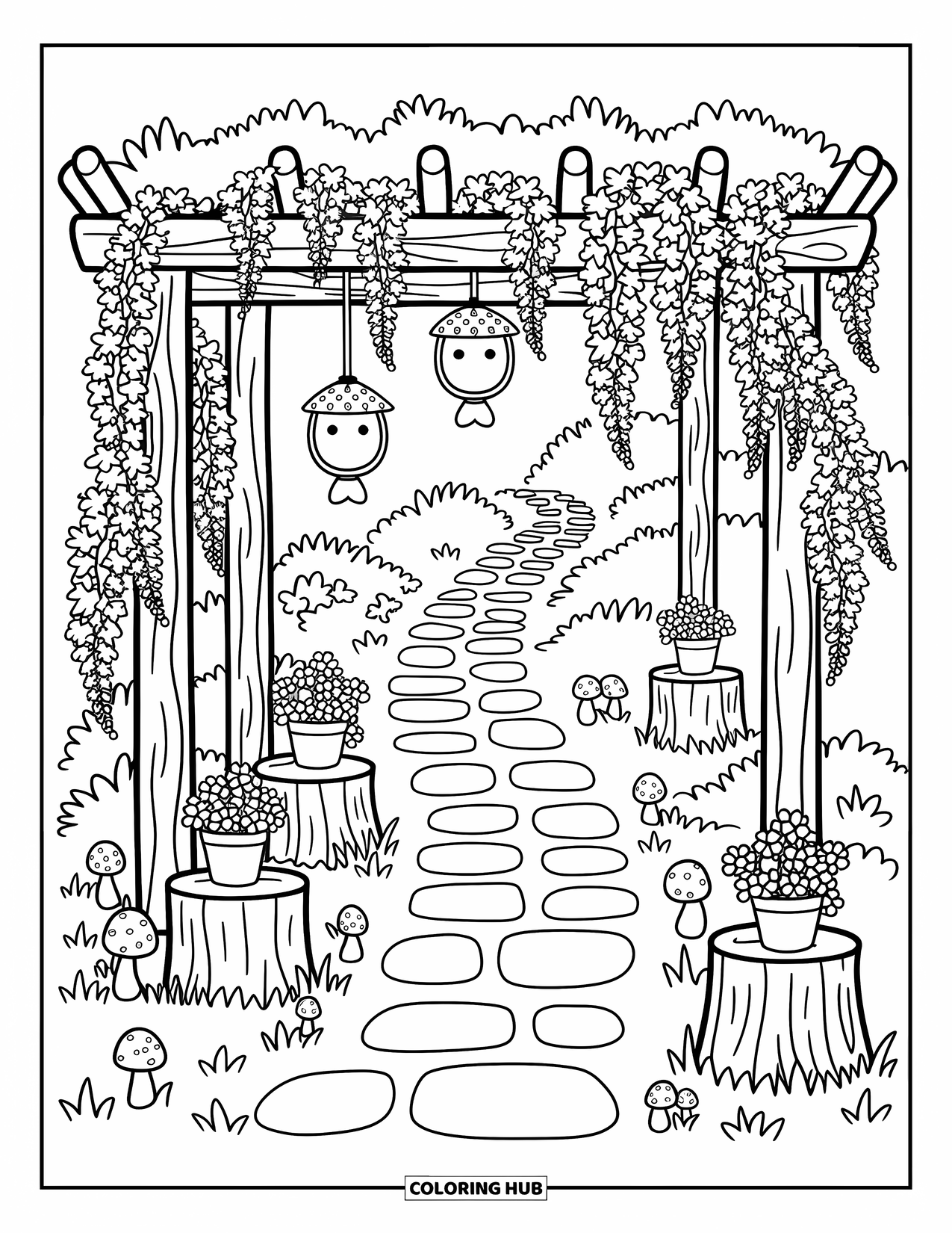 Desen de colorat cu grădină pentru adulți: Un spalier fermecător drapat în glicină, umbrind o potecă liniștită de piatră