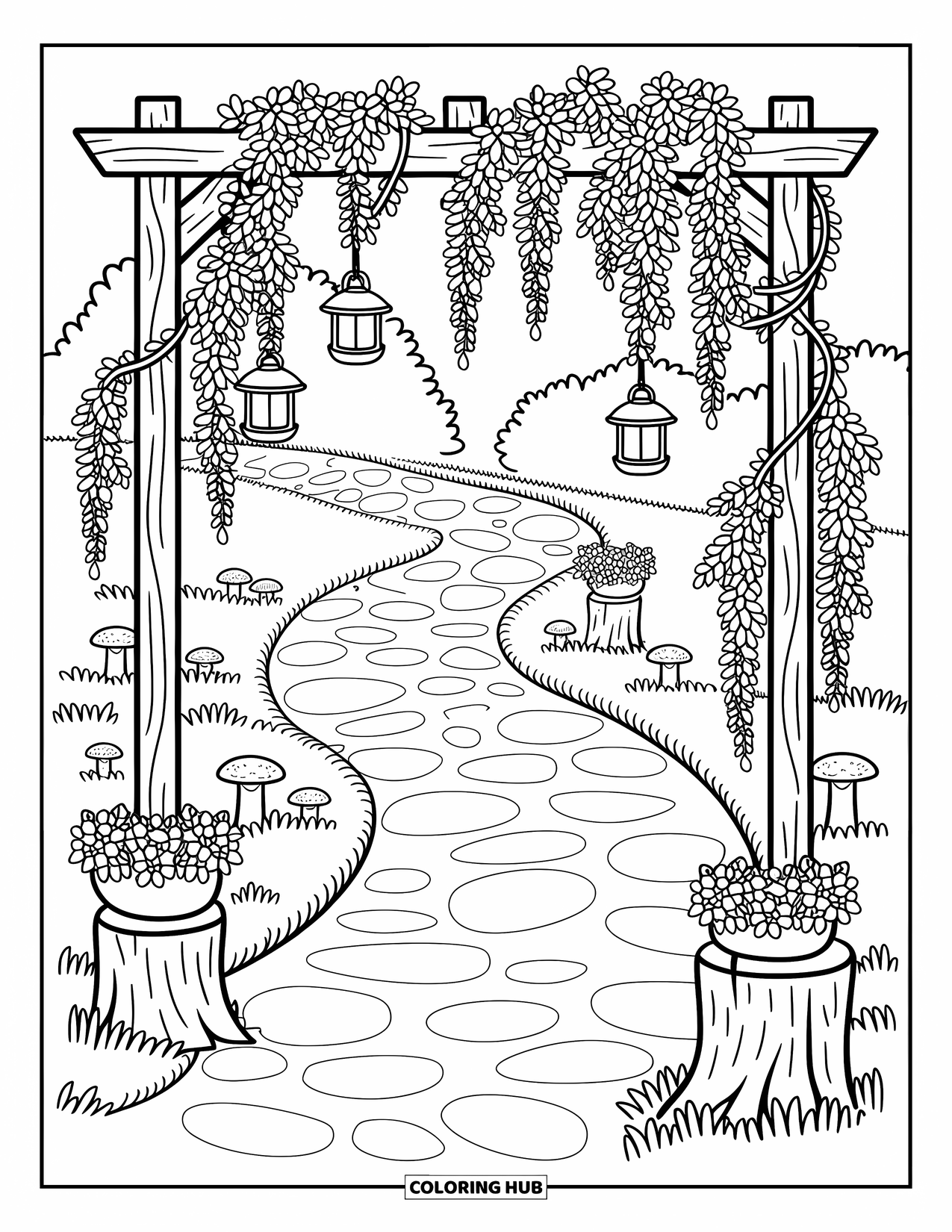 Desen de colorat cu grădină pentru adulți: O potecă primitoare, pavată cu piatră cubică, mărginită de felinare, ciuperci și flori în ghivece