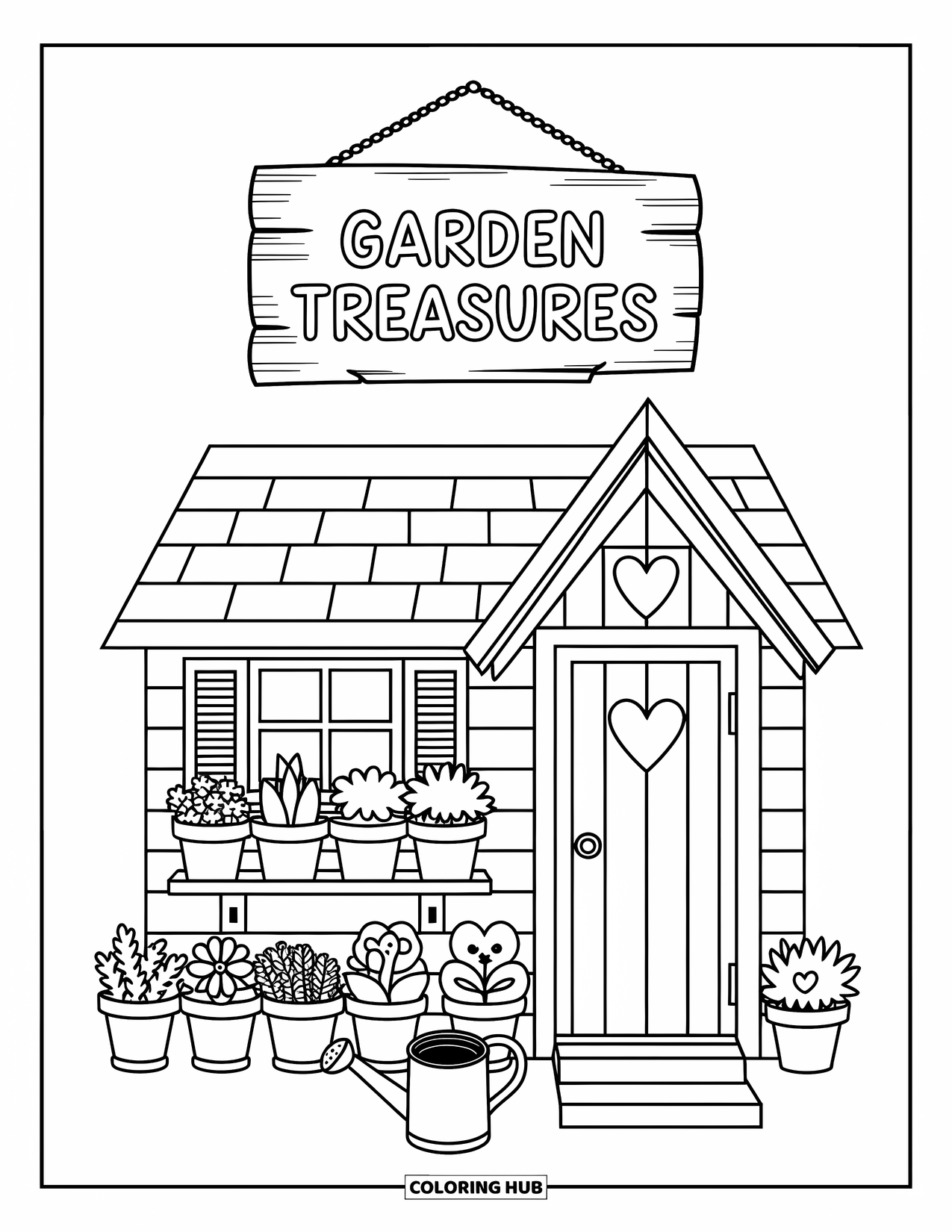 Desen de colorat cu grădină pentru adulți: O magazie de grădină primitoare, cu un rând de plante în ghivece și o fereastră în formă de inimă