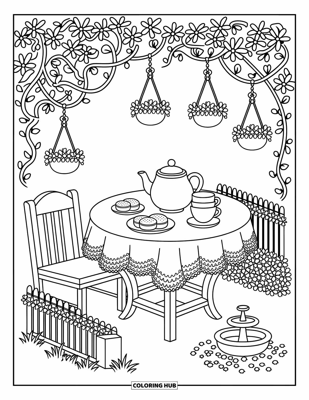 Desen de colorat cu grădină pentru adulți: O masă confortabilă de ceai în grădină cu dantelă, cești de ceai stivuite și o farfurie cu biscuiți