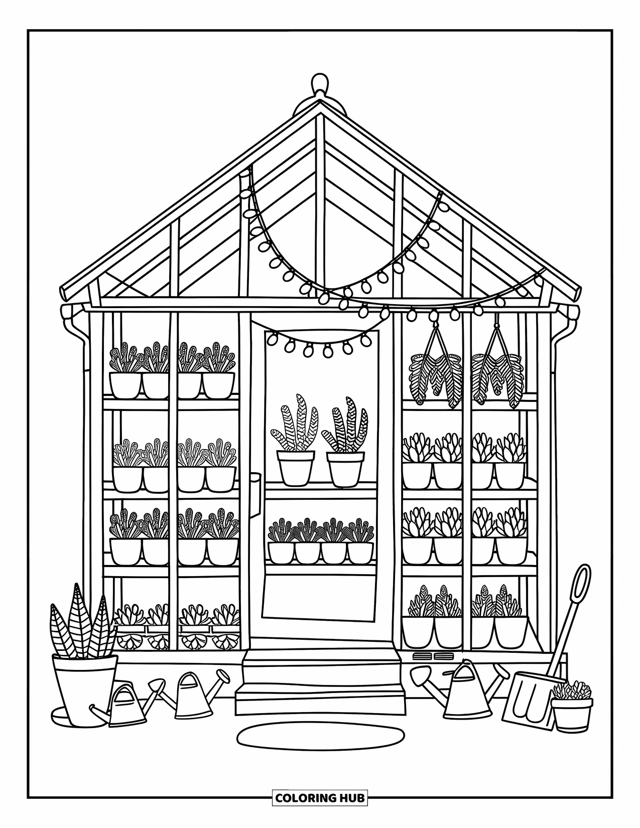 Desen de colorat cu grădină pentru adulți: O seră confortabilă cu o treaptă de lemn și viță de vie care se cațără pe grinzi