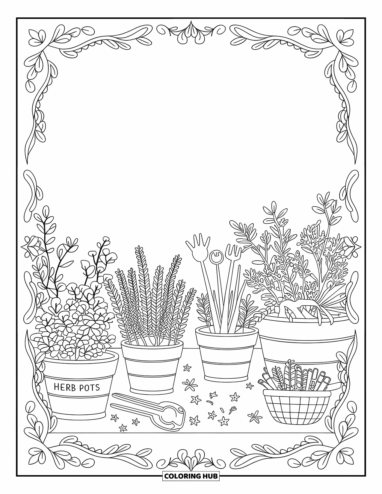 Desen de colorat cu grădină pentru adulți: Un colț primitor de grădină de ierburi aromatice, cu jardiniere etichetate și detalii artistice