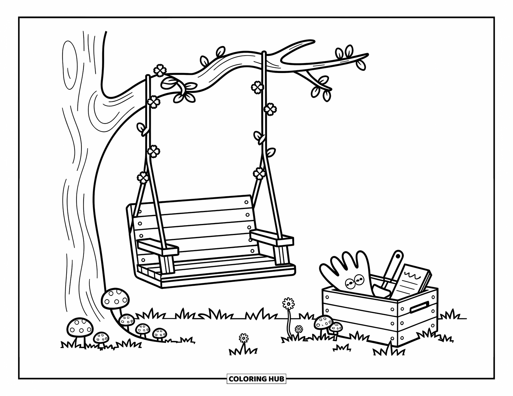 Desen de colorat cu grădină pentru adulți: Un leagăn confortabil din lemn acoperit cu flori, cu o ladă de unelte de grădinărit dedesubt