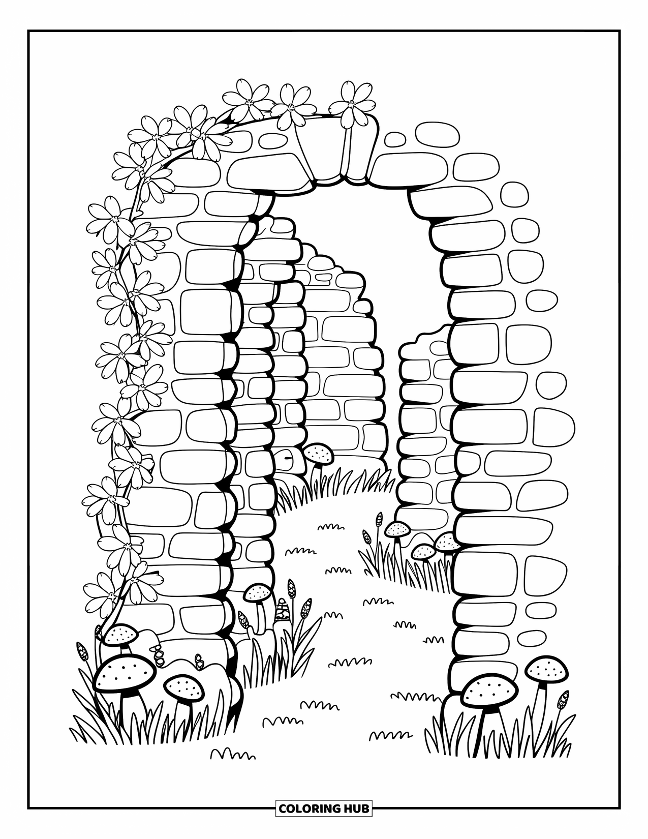 Desen de colorat cu grădină pentru adulți: Un zid de piatră care se dărâmă, acoperit cu iederă, flori sălbatice și ciuperci mici