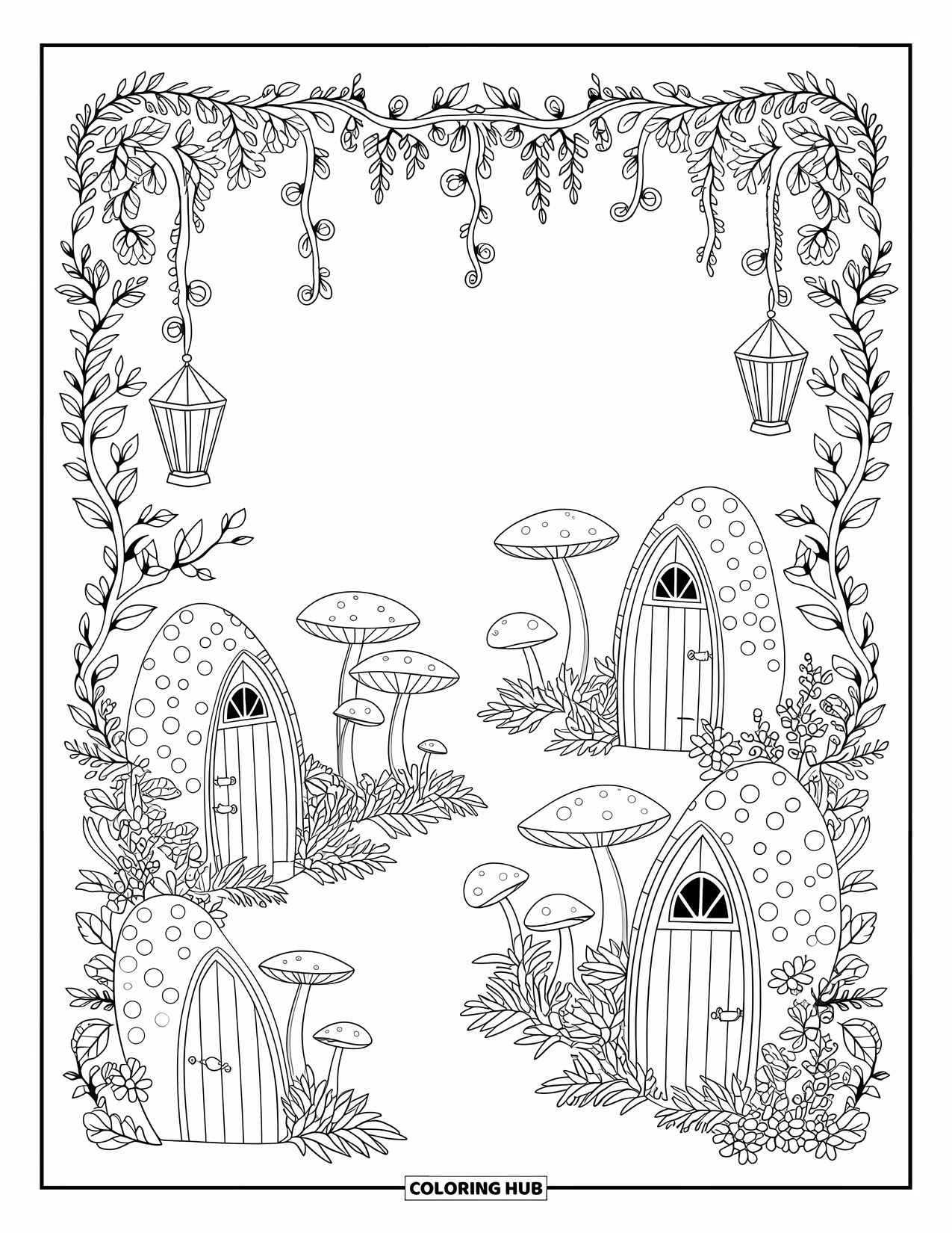 Desen de colorat cu grădină pentru adulți: O grădină magică în pădure, cu uși de zâne, ciuperci și felinare sclipitoare