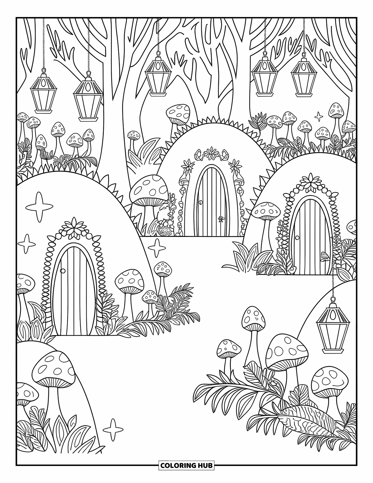 Desen de colorat cu grădină pentru adulți: O grădină mistică plină de felinare mici și borduri florale complicate