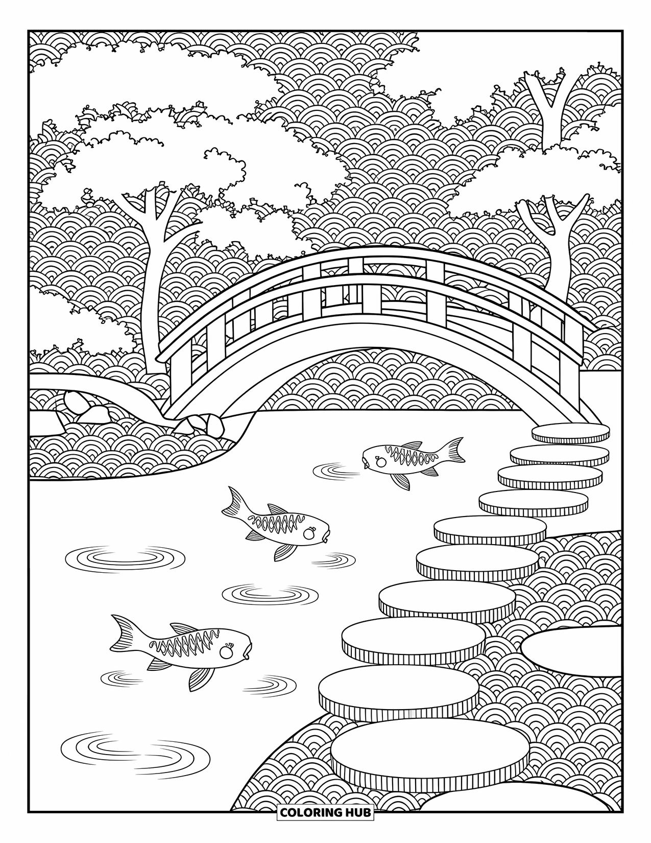 Desen de colorat cu grădină pentru adulți: Un iaz liniștit cu pești koi, cu modele de apă spiralate și motive elegante