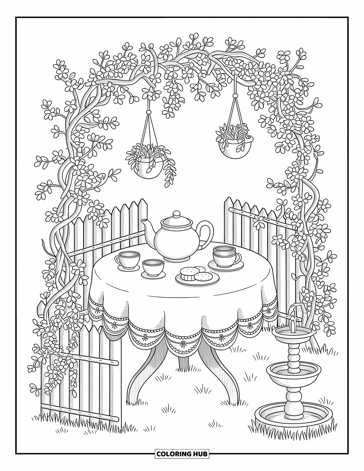 Desen de colorat cu grădină pentru adulți: Un colț pașnic de ceai cu un baldachin floral, un ceainic și o fântână care curge ușor