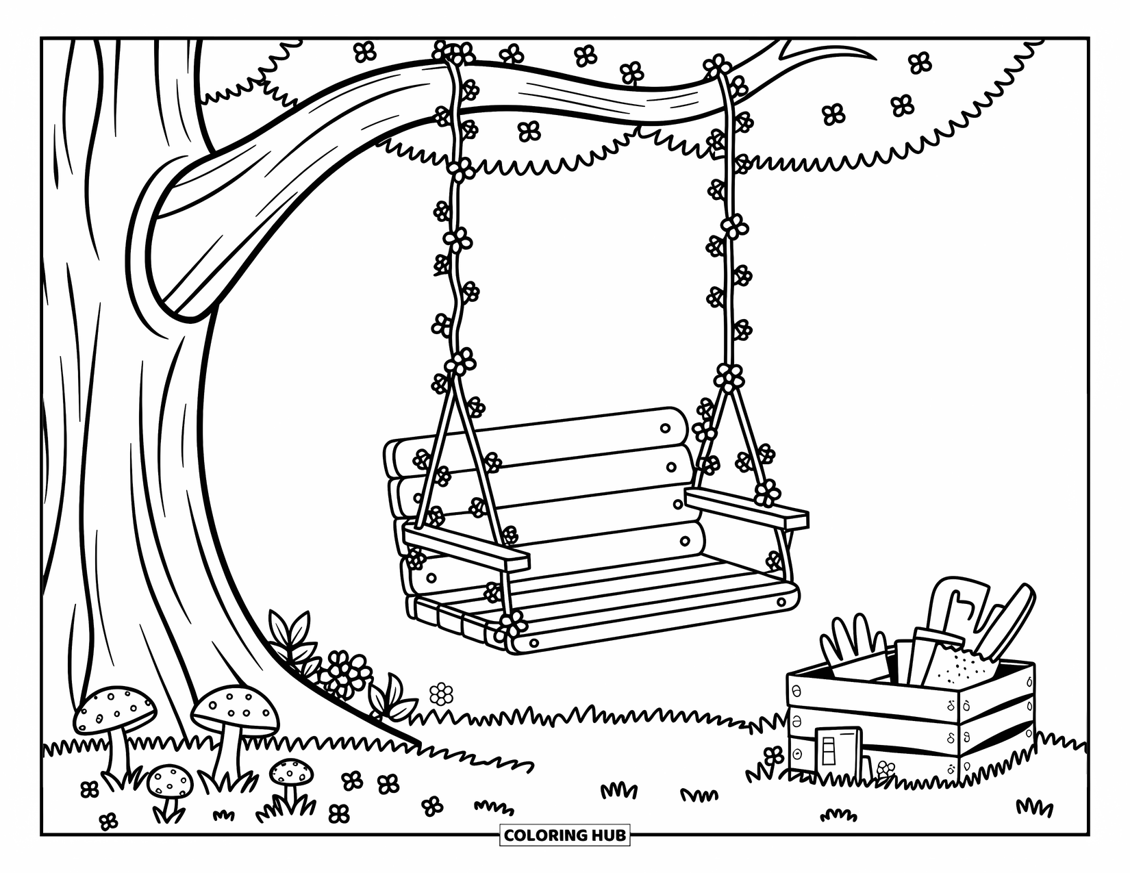 Desen de colorat cu grădină pentru adulți: Un leagăn pașnic în copac, înconjurat de flori sălbatice, cu ciuperci care cresc în apropiere