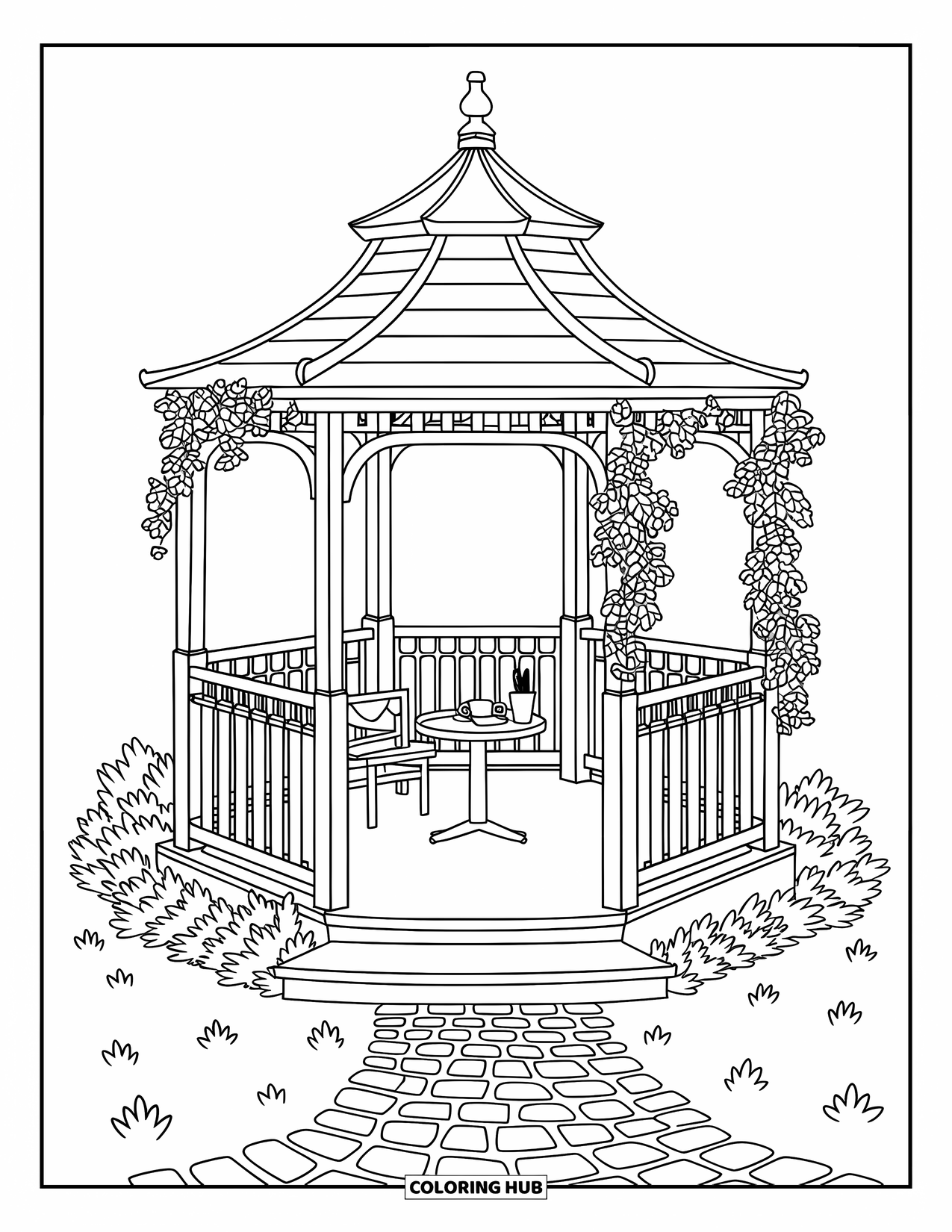 Desen de colorat cu grădină pentru adulți: Un foișor liniștit din lemn, înconjurat de flori, cu un set de ceai pe masă