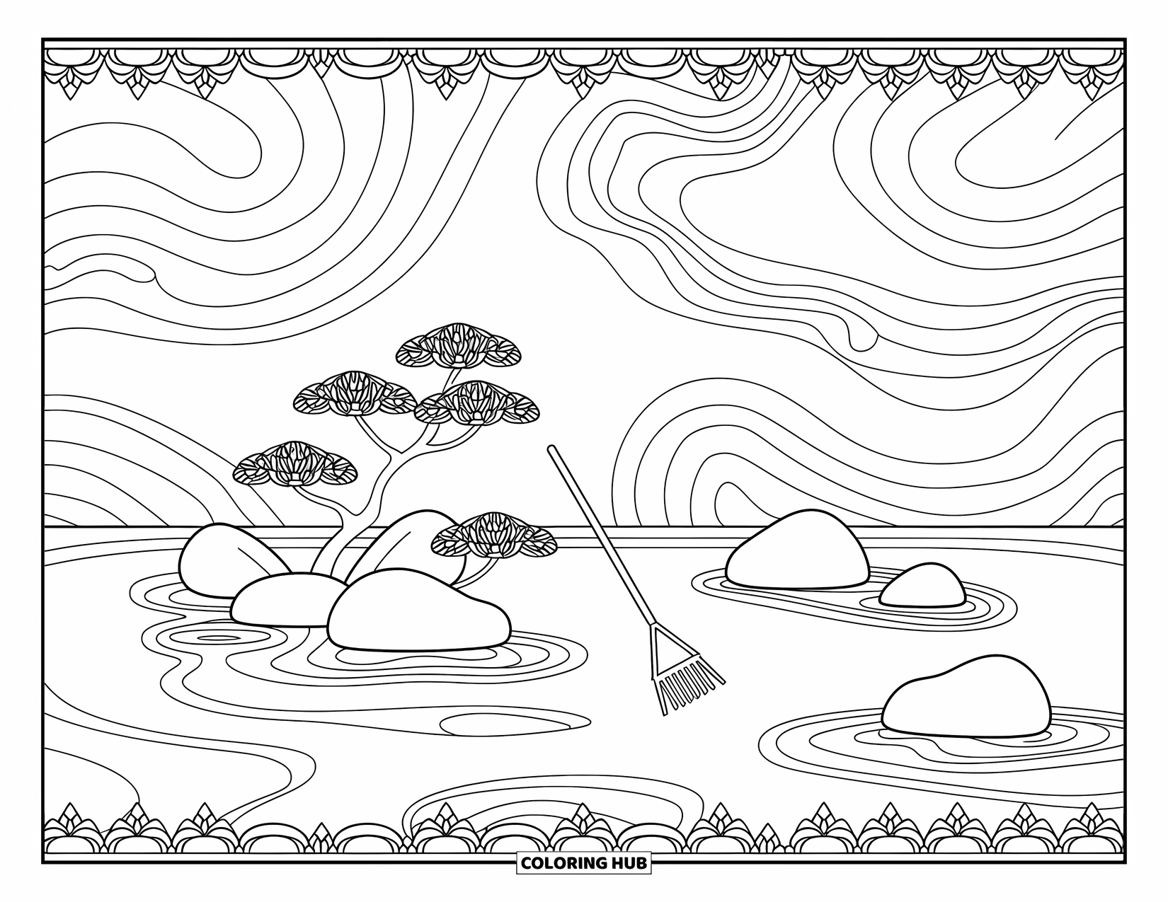 Desen de colorat cu grădină pentru adulți: O grădină Zen liniștită, cu pietre netede, o greblă mică și un bonsai
