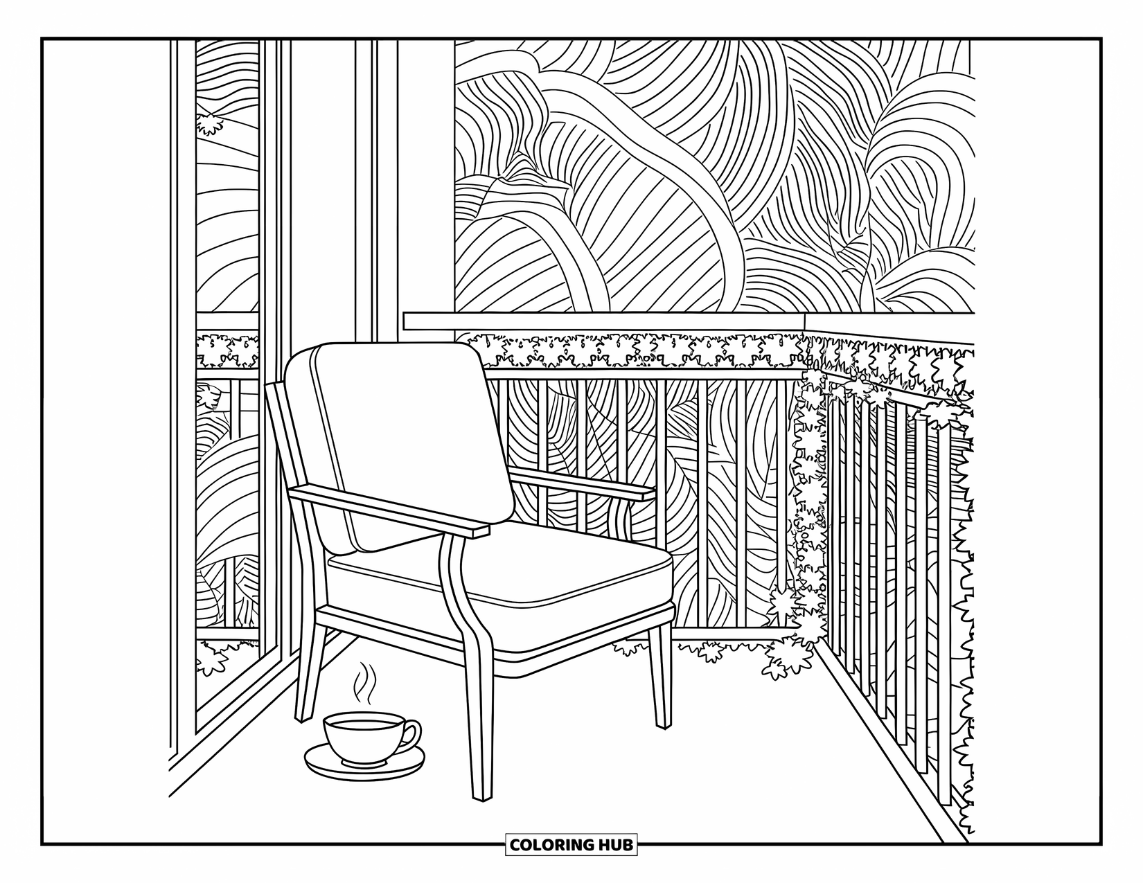 Desen de colorat cu grădină pentru adulți: Un balcon liniștit, cu un scaun cu model, ceai și detalii de viță de vie spiralate