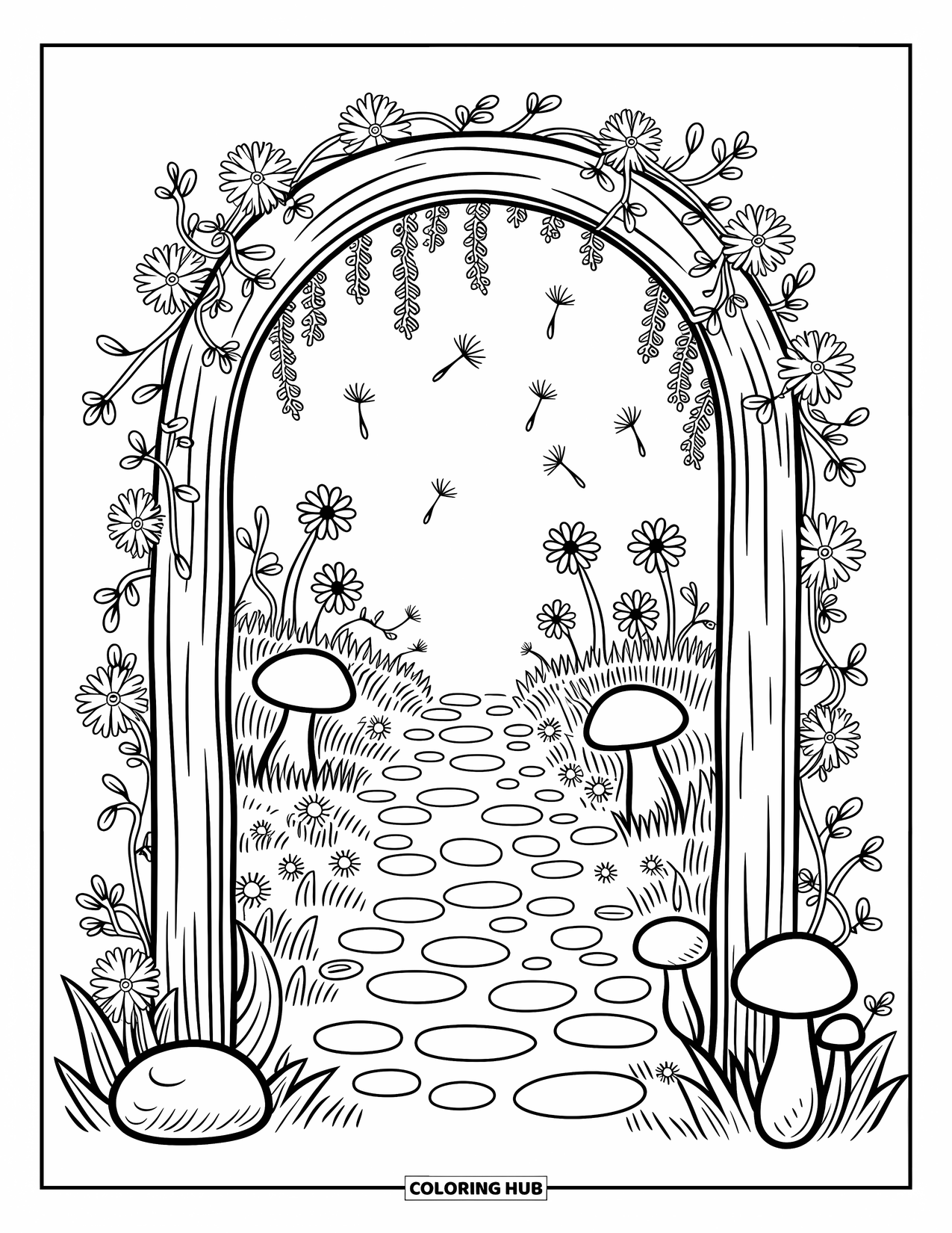 Desen de colorat cu grădină pentru adulți: O arcadă rustică de grădină înconjurată de ciuperci strălucitoare și petale plutitoare