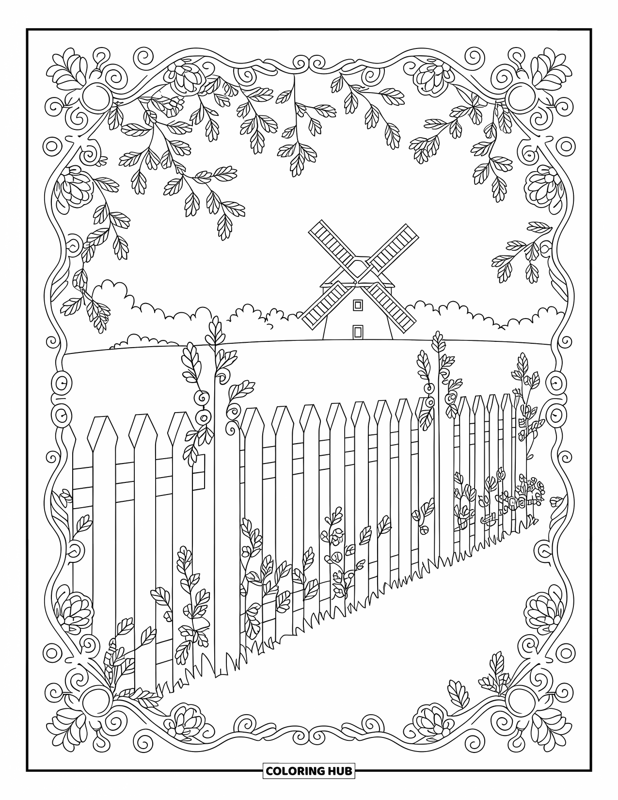 Desen de colorat cu grădină pentru adulți: O grădină pitorească la țară, încadrată de viță de vie spiralată și modele delicate