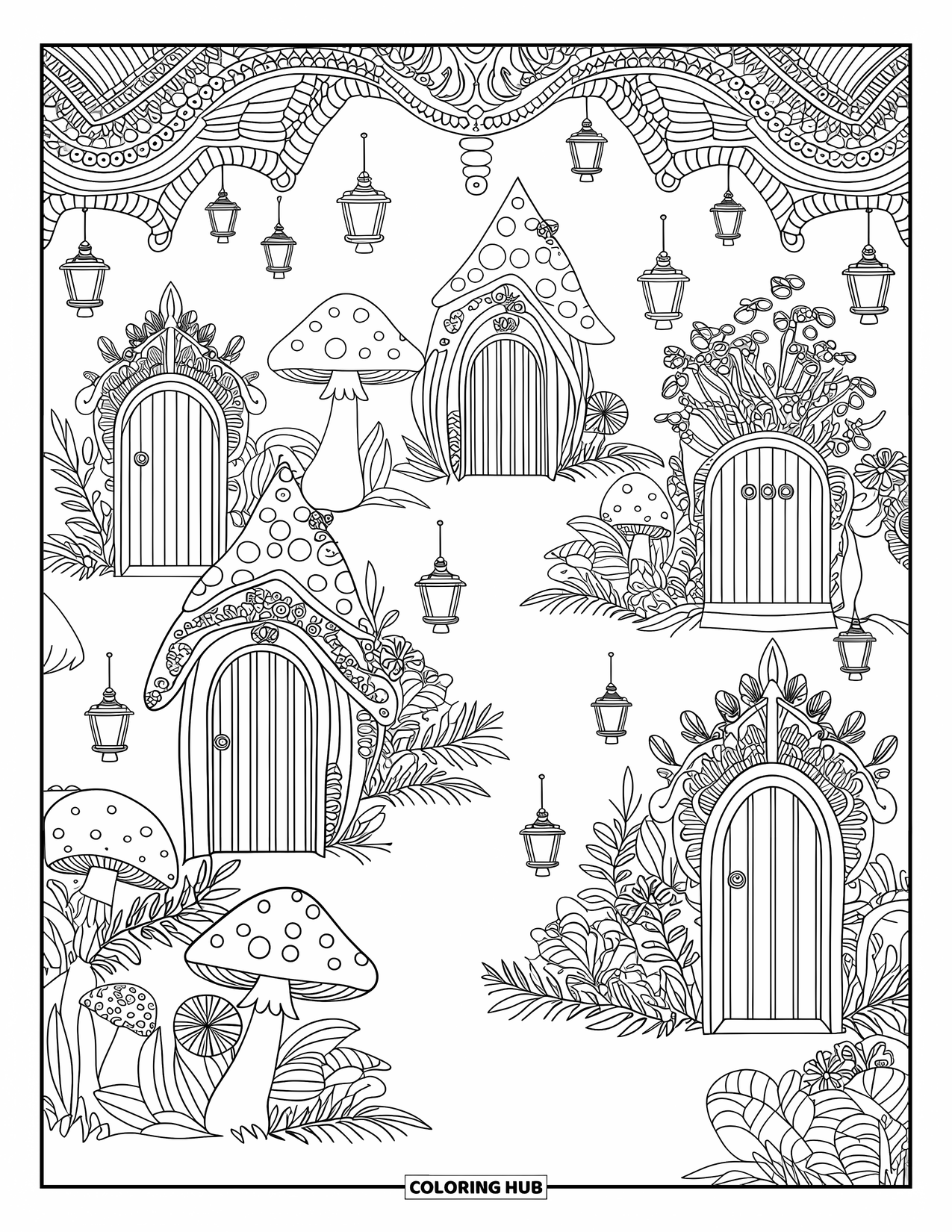 Desen de colorat cu grădină pentru adulți: O ascunzătoare secretă în pădure, cu uși delicate de zâne și modele spiralate