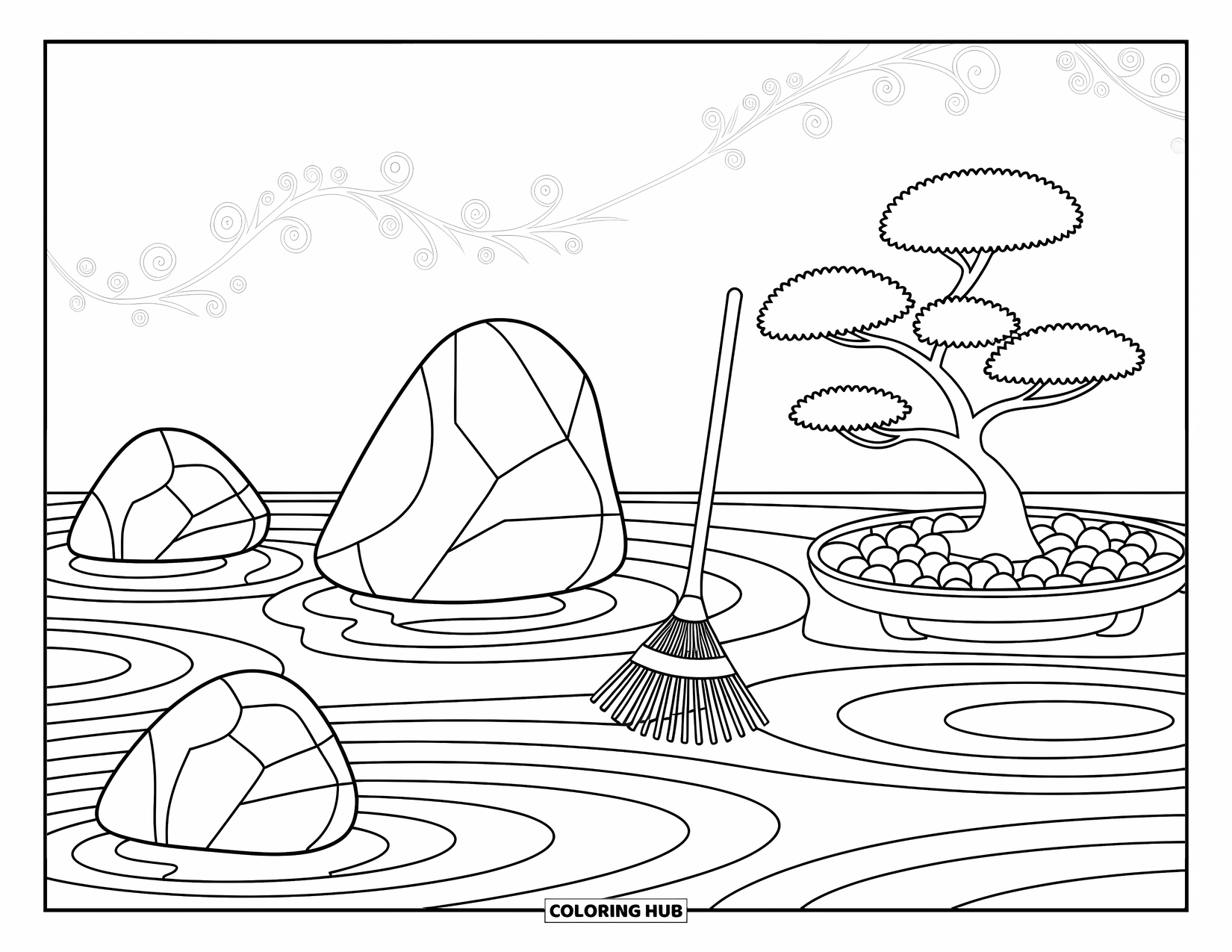 Desen de colorat cu grădină pentru adulți: O grădină Zen senină, cu un bonsai și modele elegante, fluide